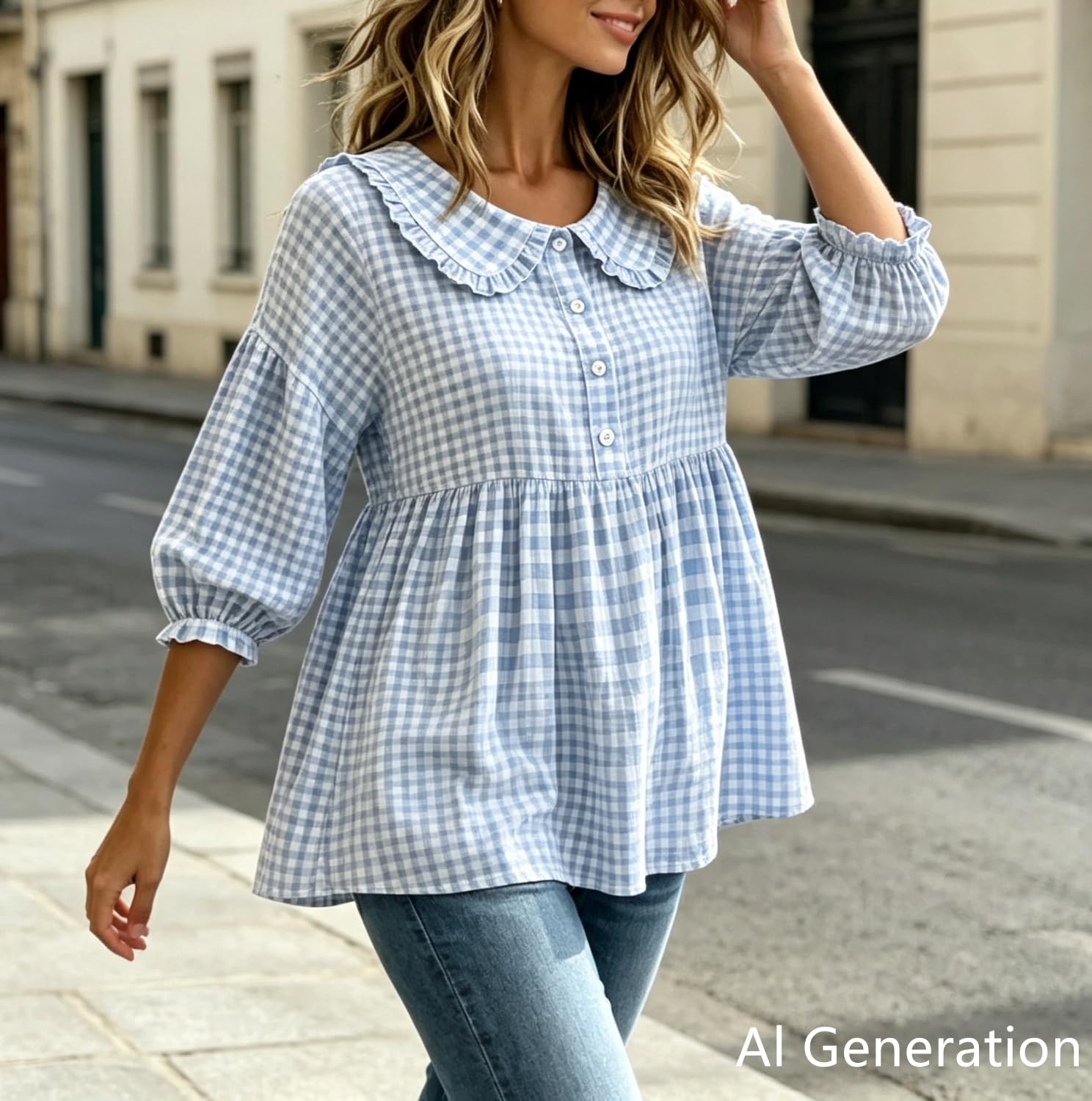 Blusa de cuadros para mujer, manga 3/4, abotonada, con botones y peplum