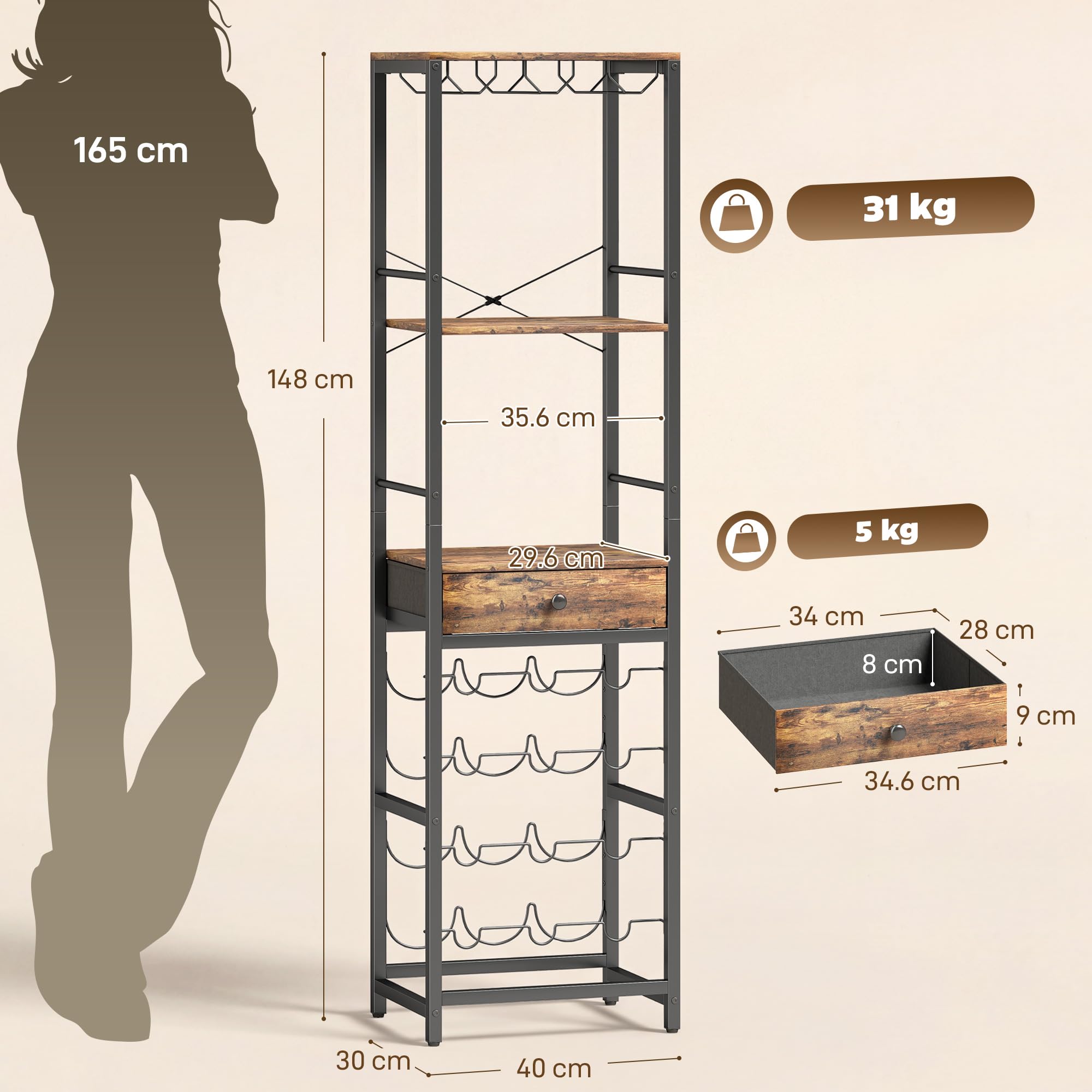 HOMCOM Portabottiglie Vino per 12 Bottiglie e Cassetto Marrone Rustico | Porta Bottiglie di Vino, Mensola Aperta, Design Industriale, per Cucina Soggiorno