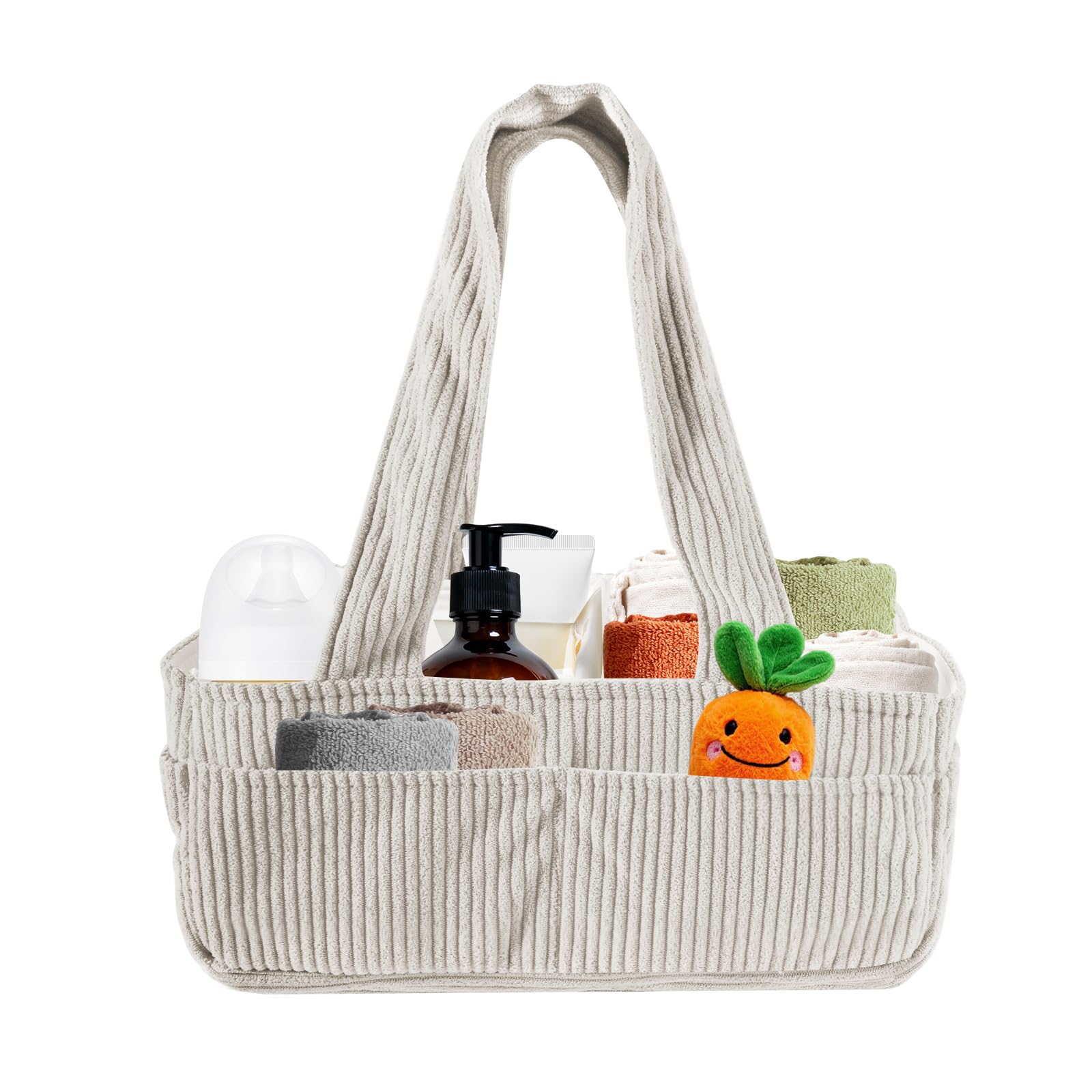 BREEZENEST Corduroy Baby Diaper Caddy Organizer – Large Nappy Basket with Removable Dividers, Portable Nursery Storage Organizer for Newborn Essentials (Beige)