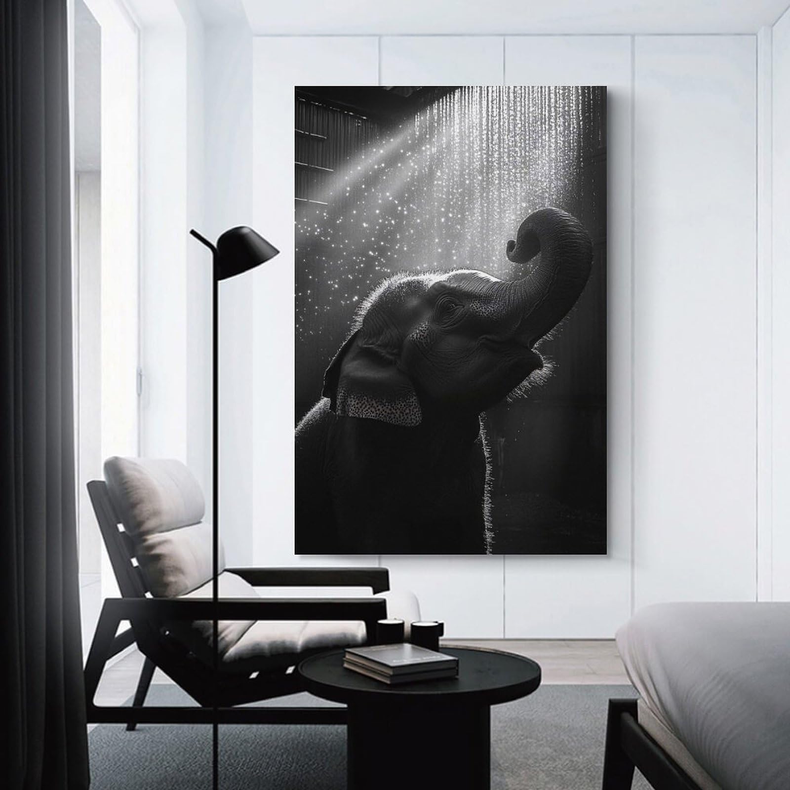 Junmoney Elephant Showering in Black And White Wall Decor Canvas Print, 08x12inch(20x30cm), for Wall Displays, Bedrooms Or Room Updates, Wall Decor Suited to Curated Displays