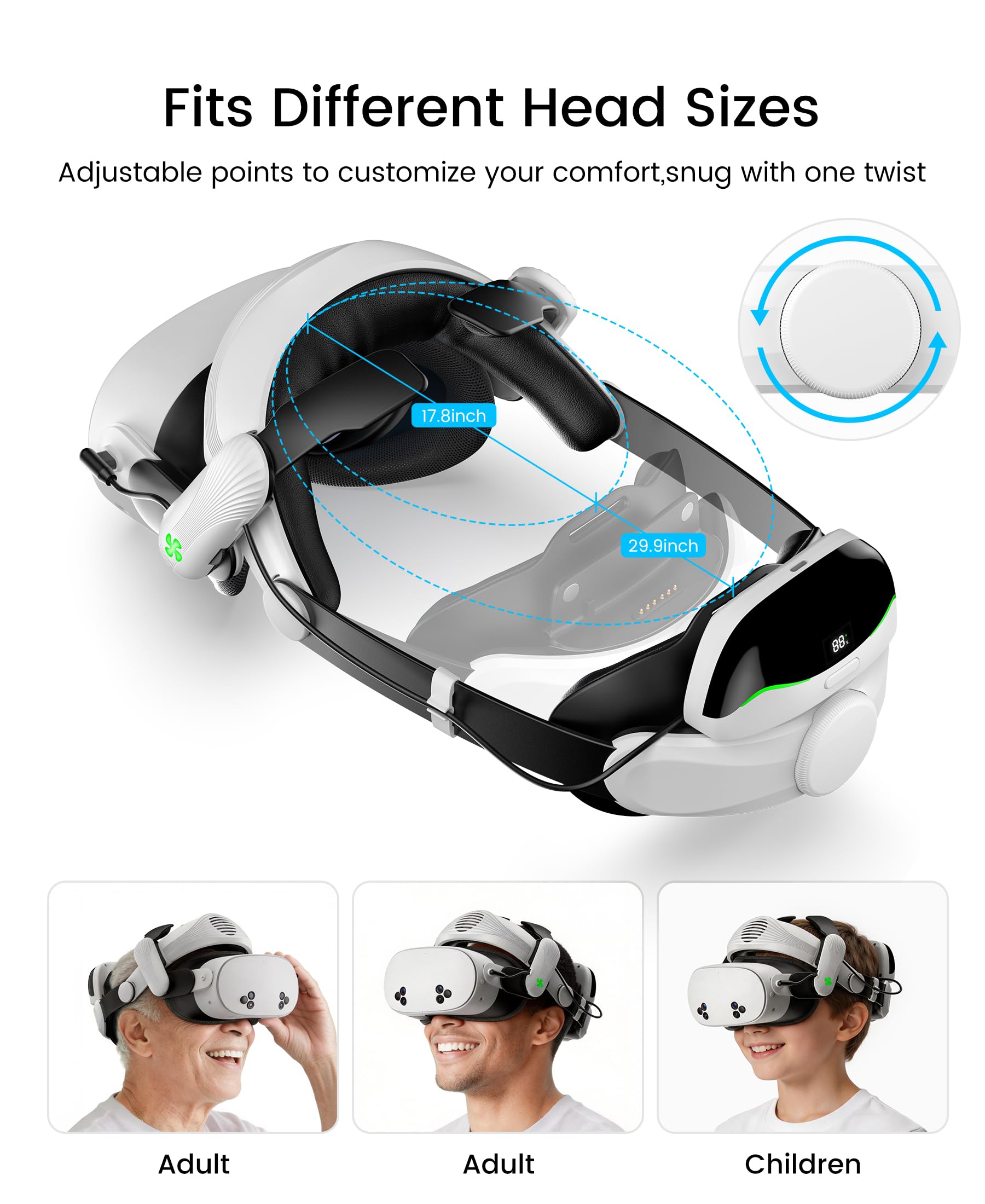 Cinturino magnetico per batteria da 12000 mAh con ventola di raffreddamento per Meta Quest 3/3S, cinturino di ricambio regolabile per Oculus Quest 3/3S, supporto e comfort migliorati e riduce la