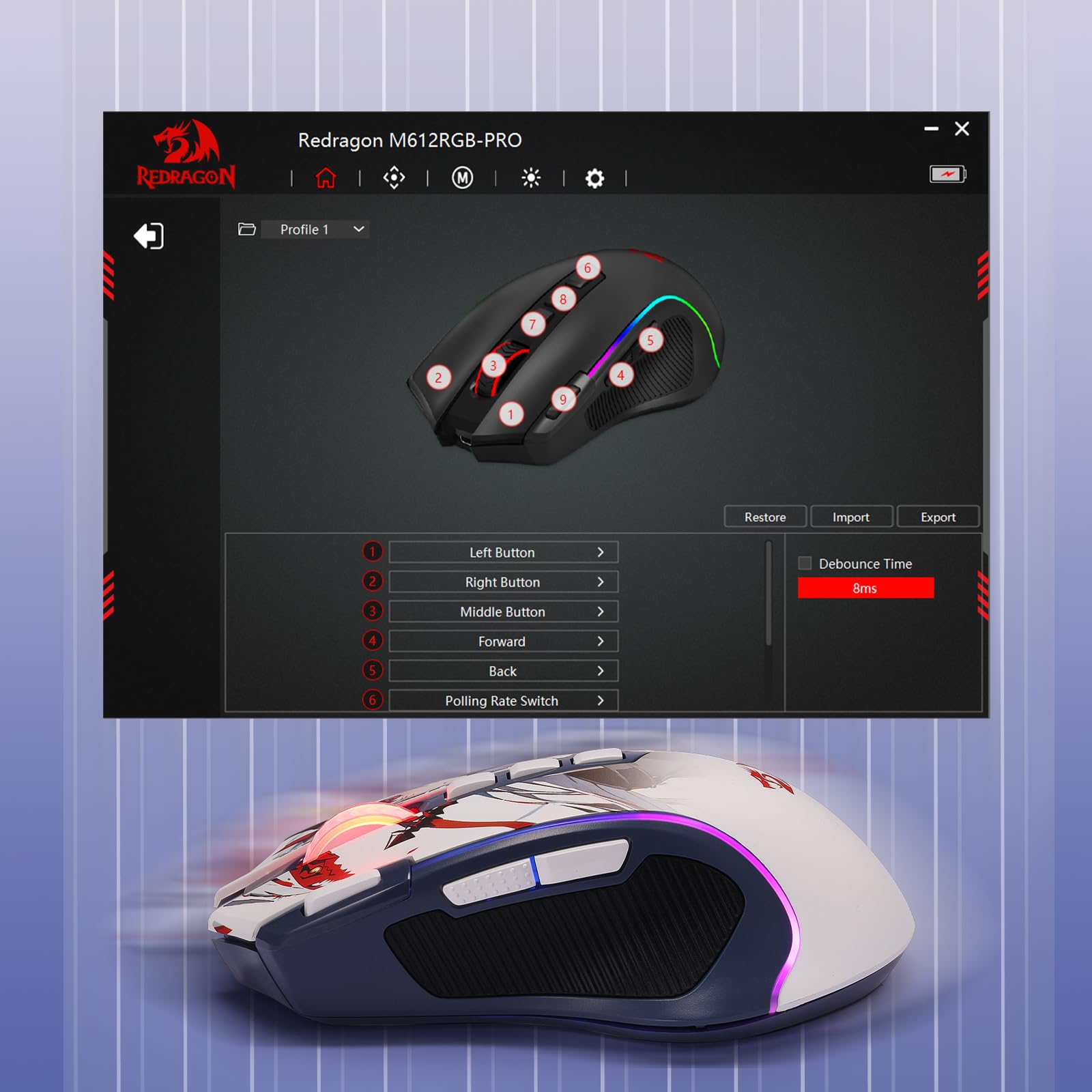 Redragon M612AK PRO Mouse Gaming 3 Modalità RGB | 8000 DPI 9 tasti programmabili 7 RGB BT+2.4G software macro tasto fuoco rapido