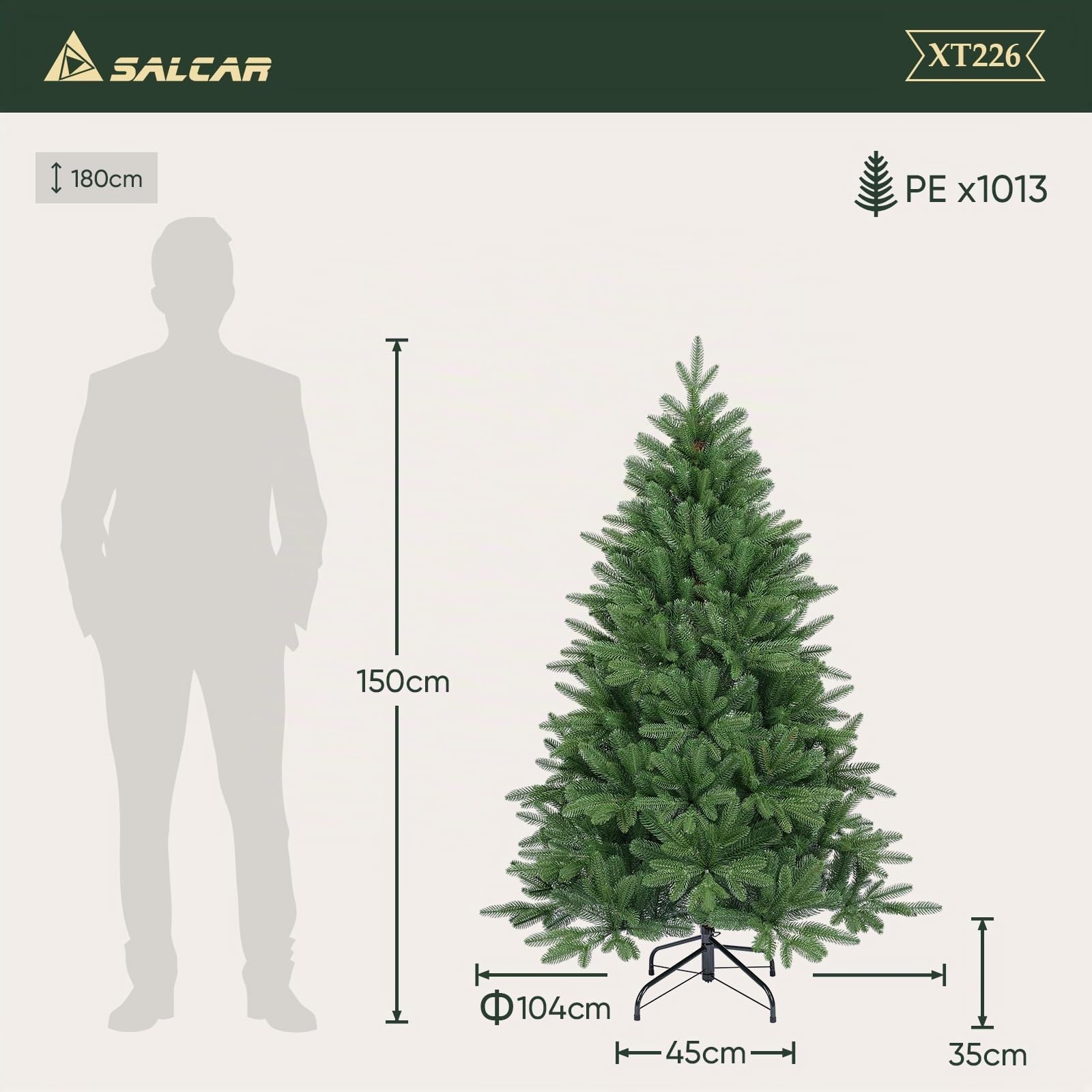 SALCAR Sapin de Noël Artificiel Premium 150 cm – Nordmann en 100% PE Vert Naturel | Couleur et Forme Stables | sans Odeur | sans Perte d’Aiguilles