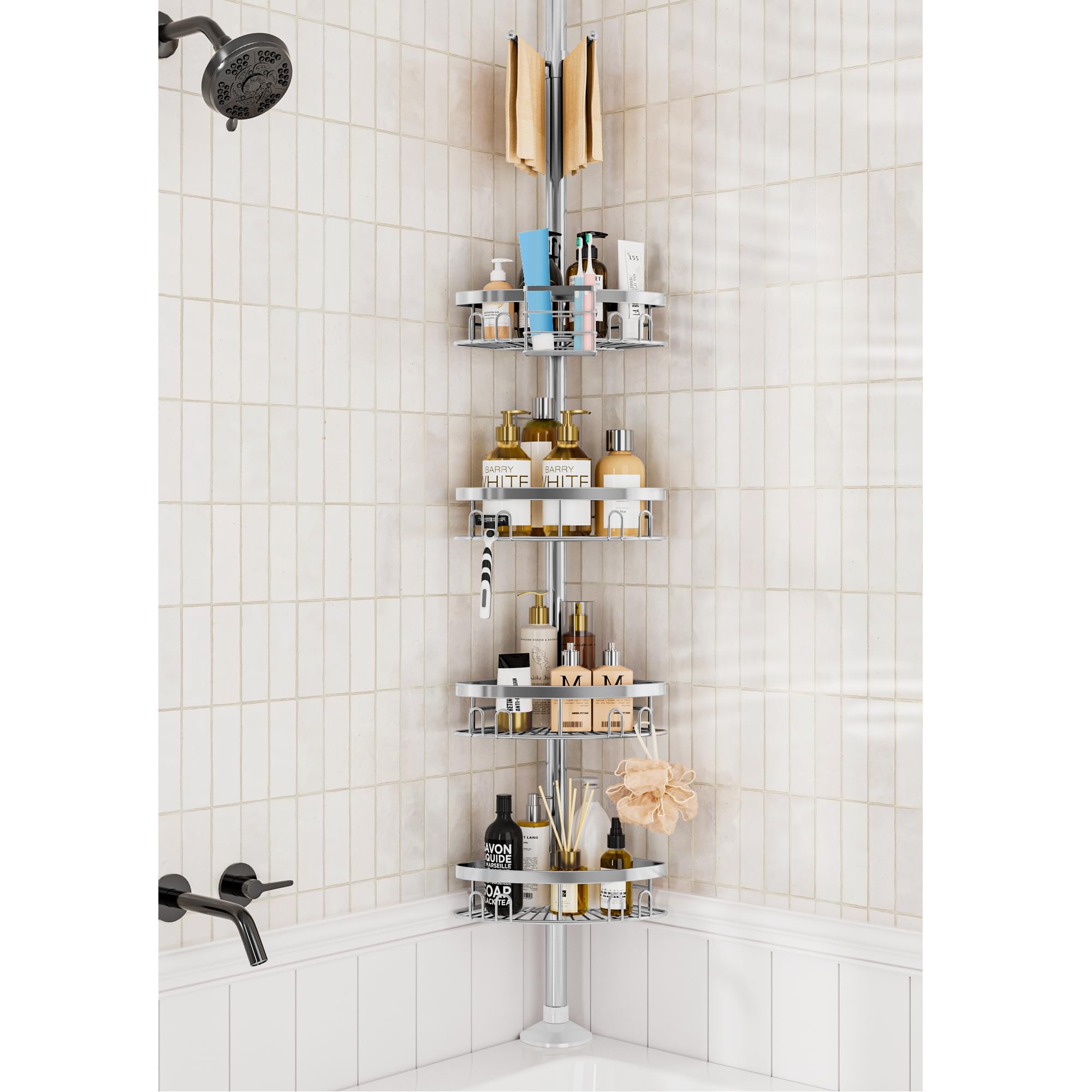cutefafa Rustproof Shower Corner Caddy Shelf for Bathroom Tension Pole Organizer with 4 Baskets for Bathtub Shampoo Storage