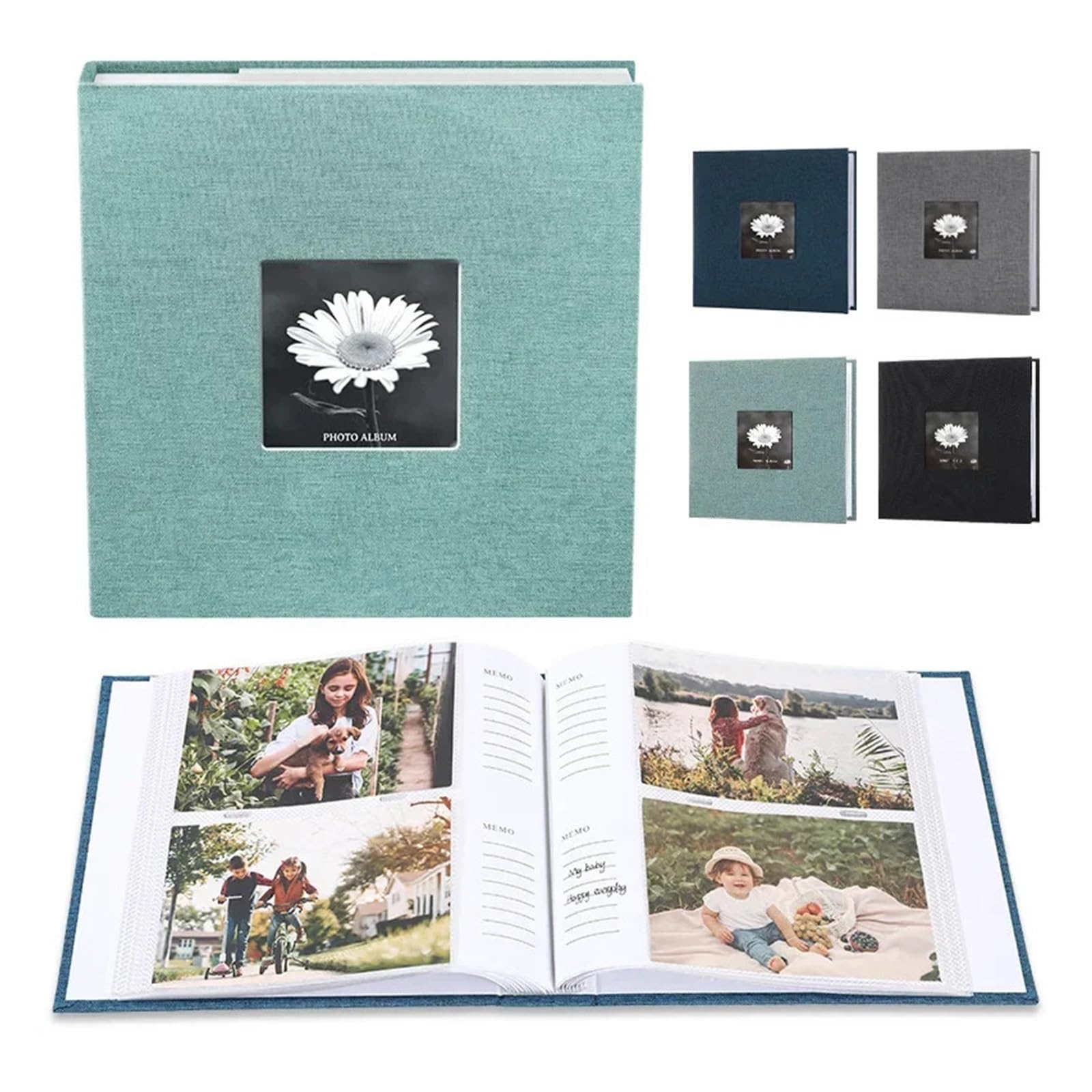 Álbum de fotos de lino de 6 pulgadas con hojas intercaladas, 200 a 300 imágenes, colección de crecimiento infantil, recuerdos grabables, retrato familiar(Black-300pcs)