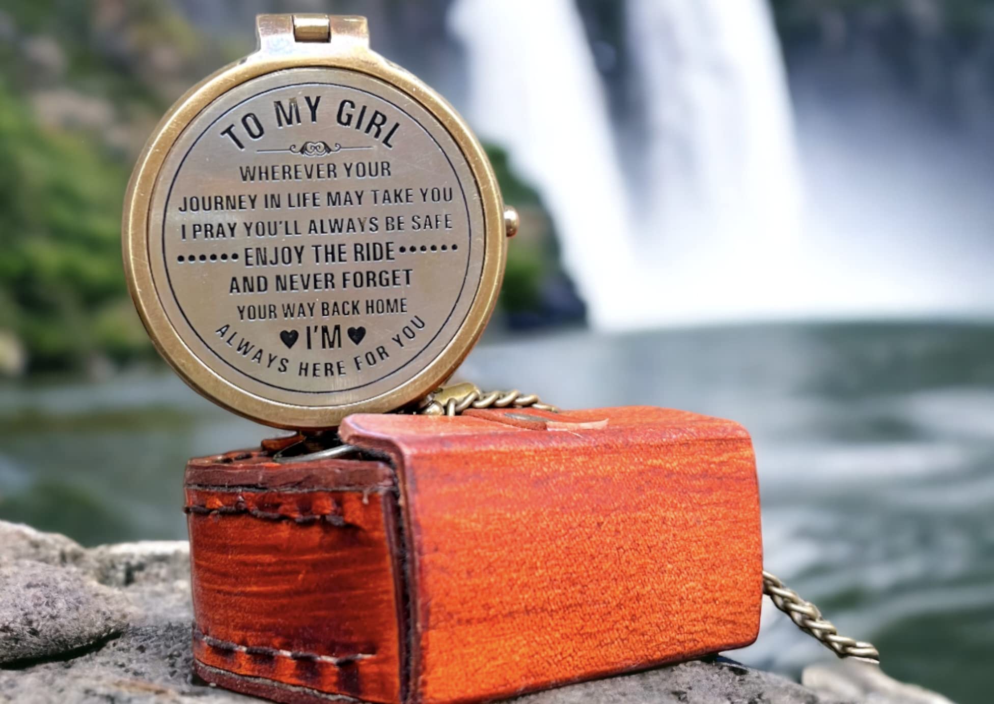 Engraved Brass Pocket Compass | Compass with Chain and Leather Case | Vintage Compass for Camping Hunting Climbing Exploring Geology Outdoor Activities | Waterproof Pirate Brass Compass Gift for Men