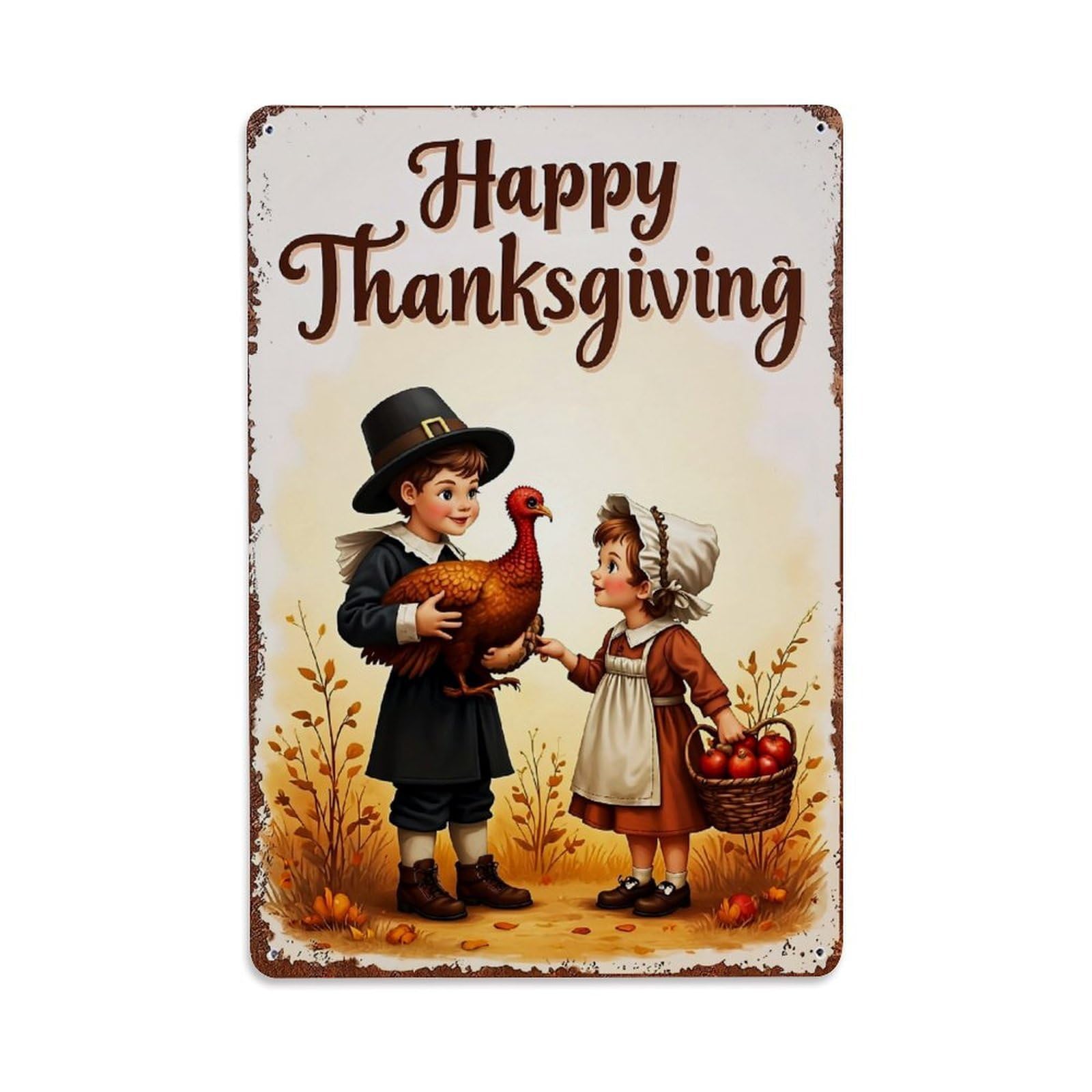 Happy Thanksgiving Pilgrim Children Turkey Retro Metal Tin Sign, Vintage Decor Art Poster for Bar, Home, Man Cave, Kitchen, Laundry Room Gift 8x12Inch