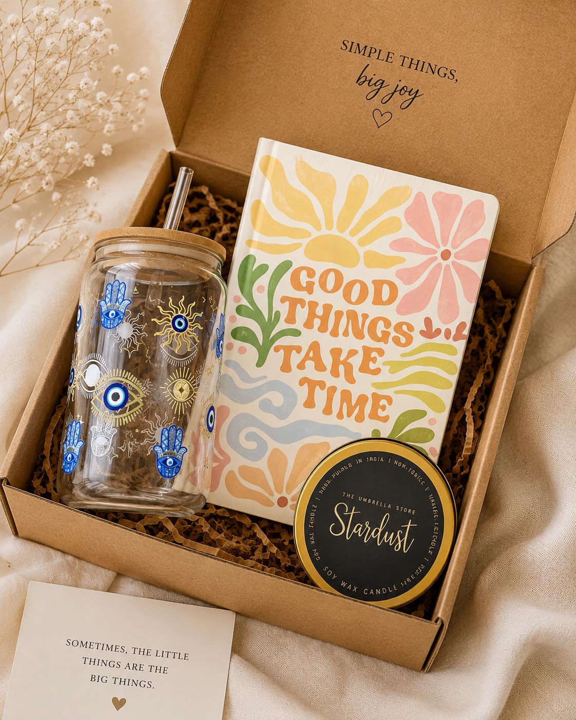 THE UMBRELLA STORE Evil Eye Gift Hamper for Her – Glass Sipper with Straw, Scented Candle & “Good Vibes Only” Notepad | Nazar Protection Gift Set, Aesthetic Gift Box for Women-image-31