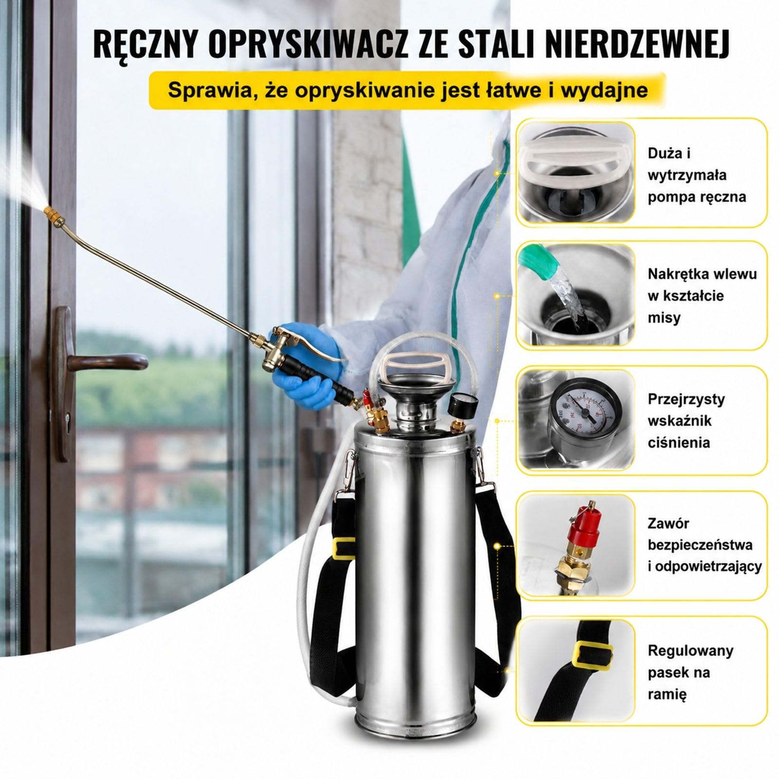 Opryskiwacz ciśnieniowy 10 L ze stali nierdzewnej z konstrukcją plecakową do ogrodu