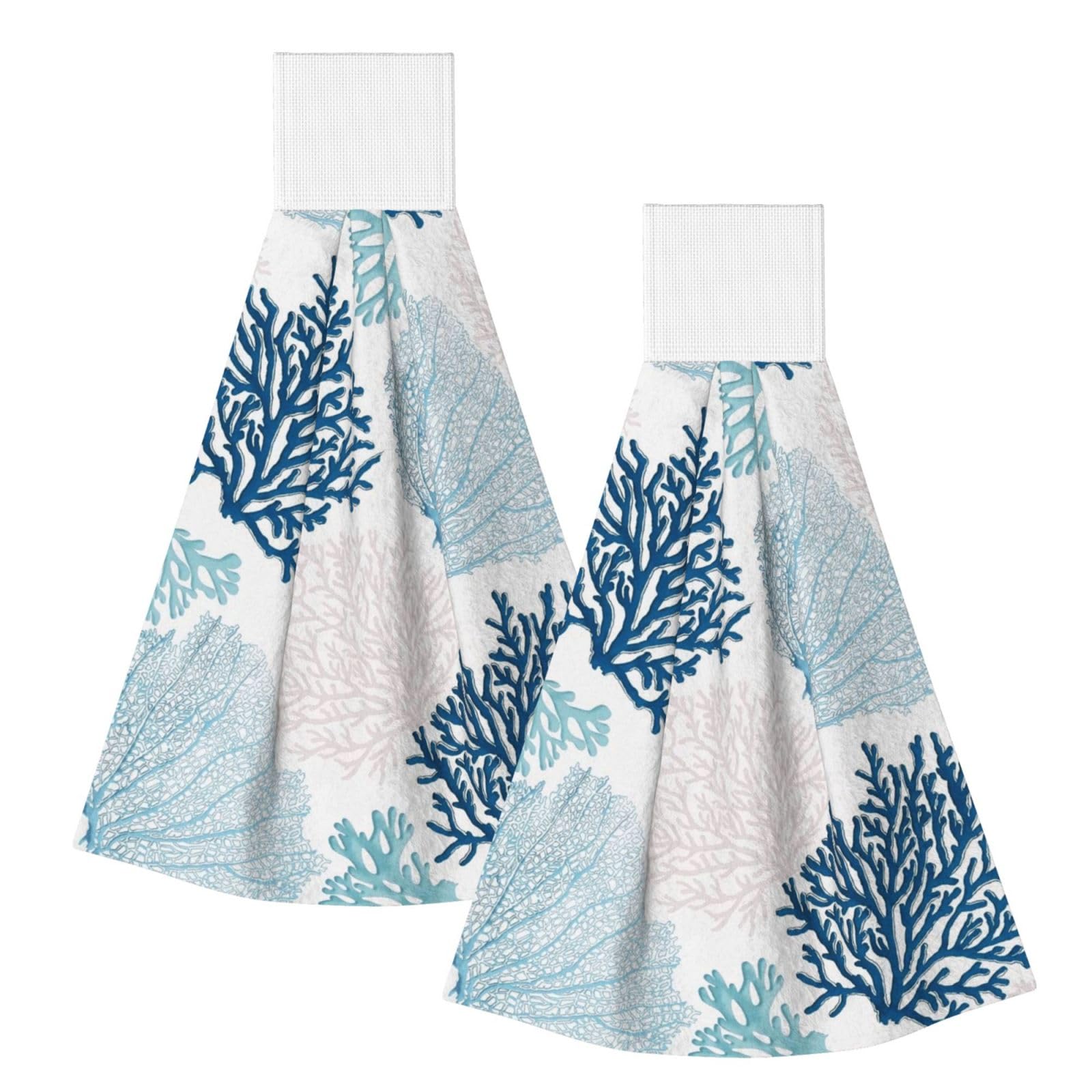 DOPKLNA Blue Coral Nautical Teal Sea Coral, 2 Pcs Hanging Coral Fiber Hand Towels for Bathroom, Absorbent Kitchen Towels