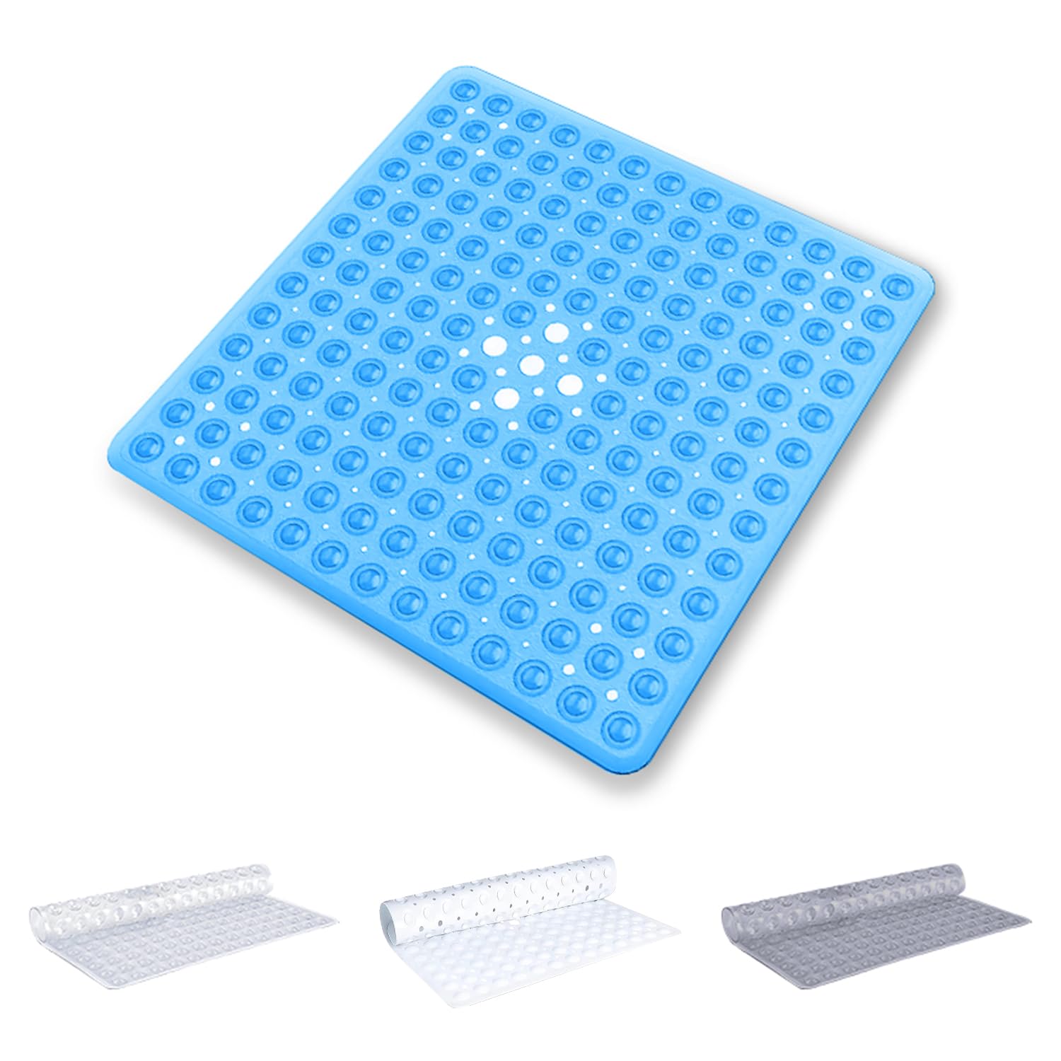 Oxford Homeware Shower Bath Mat Non Slip Anti Mould – Blue 53x53cm Square Shower Mat for Bathtub and Bathroom with Drain Holes and Strong Suction Cups Machine Washable Bath Mats