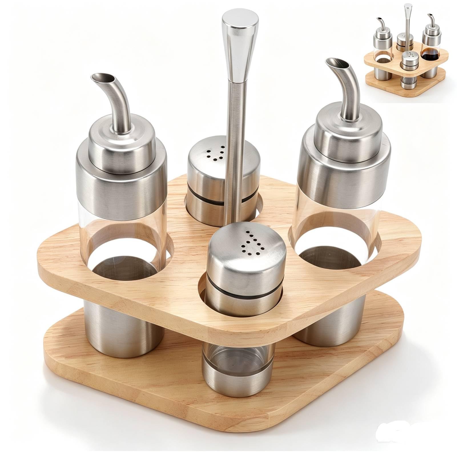 HERCHR Set di scatole per condimento da banco in Acciaio Inossidabile, 2 Set Dispenser Olio e Aceto, 2 Dispenser di condimenti con base in legno, Set di saliera e pepiera per cucina ristorante
