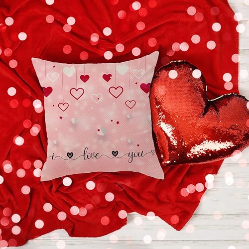 Miniatura 3 de Juego de 4 fundas de almohada rosas para el día de San Valentín de 18 x 18 pulgadas, diseño de rayas rosadas, diseño de corazón de Cupido, Hello