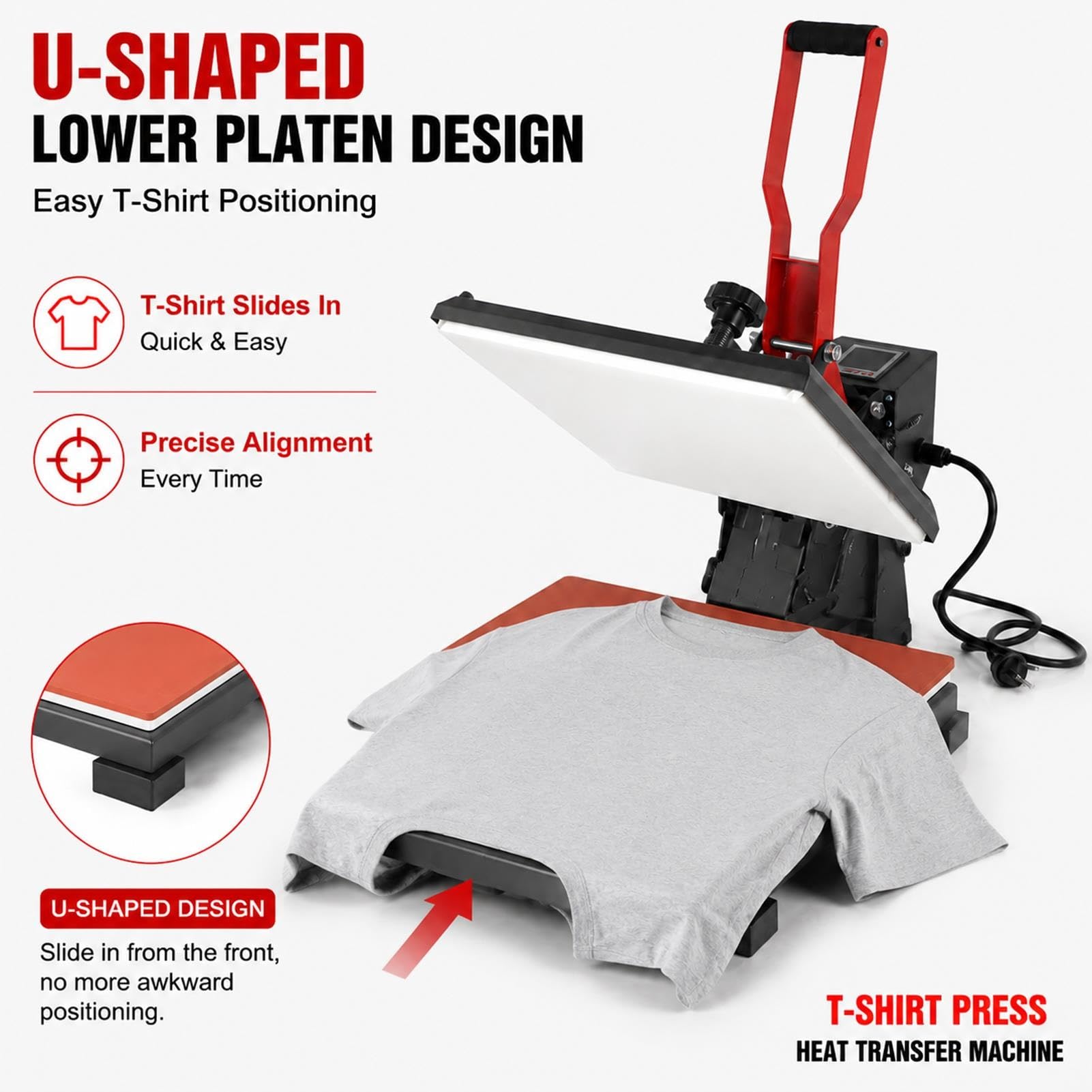 Prensa de Calor Textil con Ajuste de Presión y Pantalla LCD | Diseño con Base en U,Permite Introducir las Prendas Fácilmente,Ideal para Estampado Textil y Sublimación