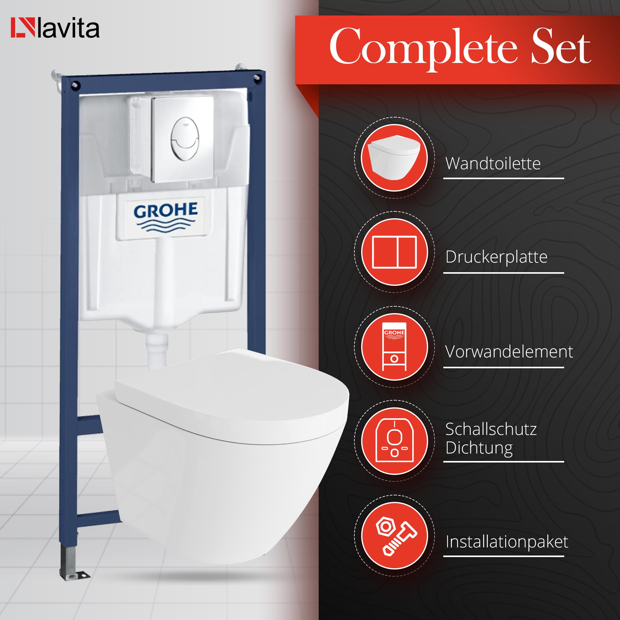LAVITA Vorwandelement Solido Start + Wand Hänge WC Sogo Weiß Spülrandlos + + WC Sitz mit Absenkautomatik Verchromter Knopf Komplettset Unterputz Spülkasten Toilette Komplett Sett WC