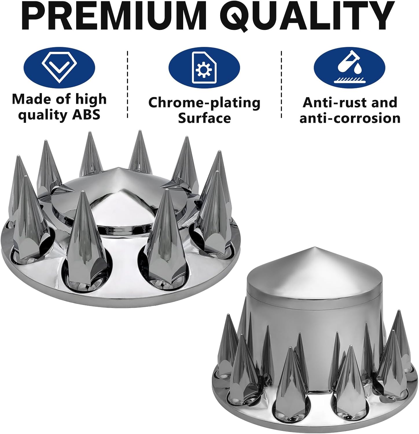 Spiked Complete Axle Wheel Cover Set with 33mm Thread-on Chrome Lug Nut Covers (2 Front+4 Rear)