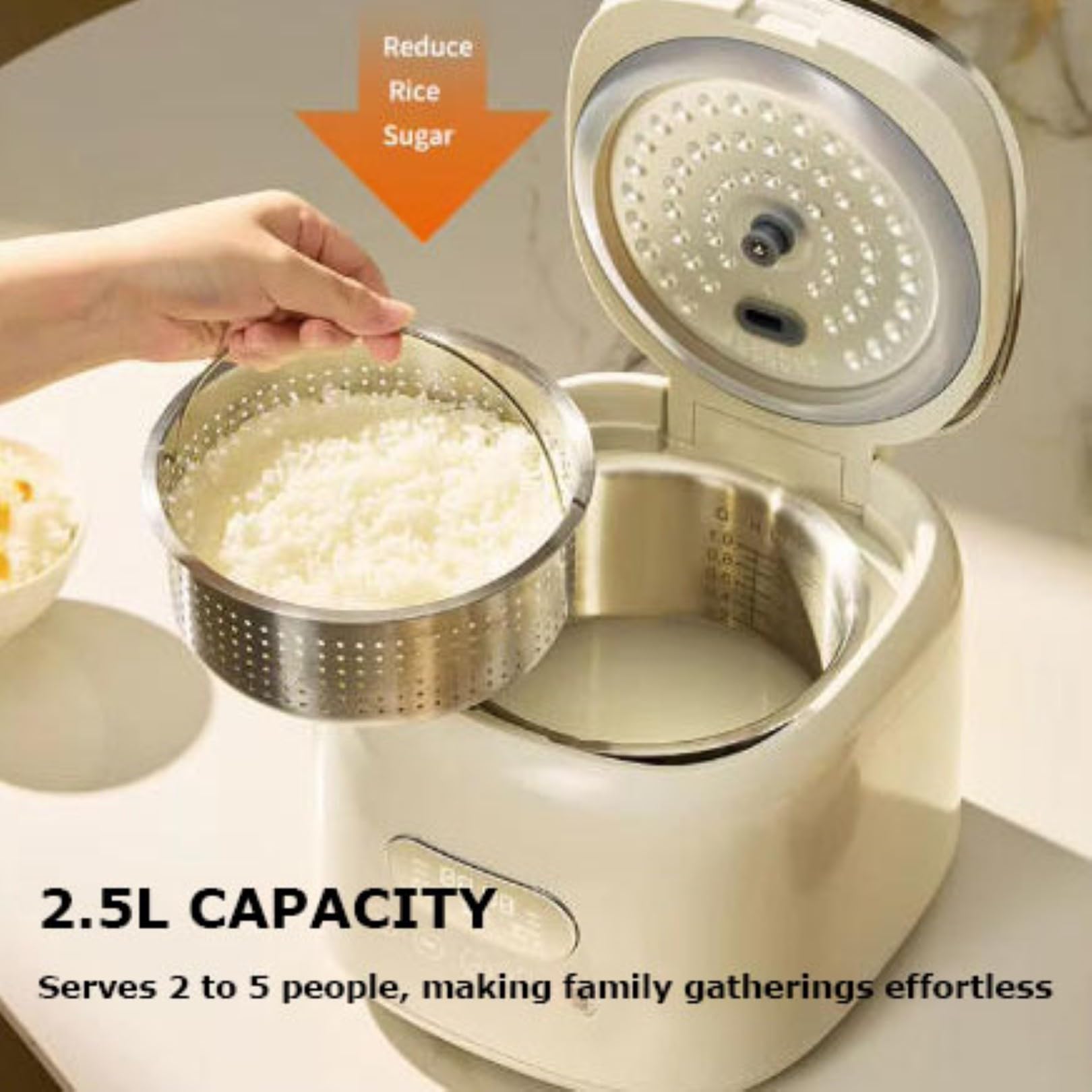 Générique Cuiseur à Riz 2,5 L antiadhésif, Petit modèle avec 8 Fonctions, Maintien au Chaud 24 h et minuterie de départ différé pour céréales, Riz Blanc, Porridge et soupes.