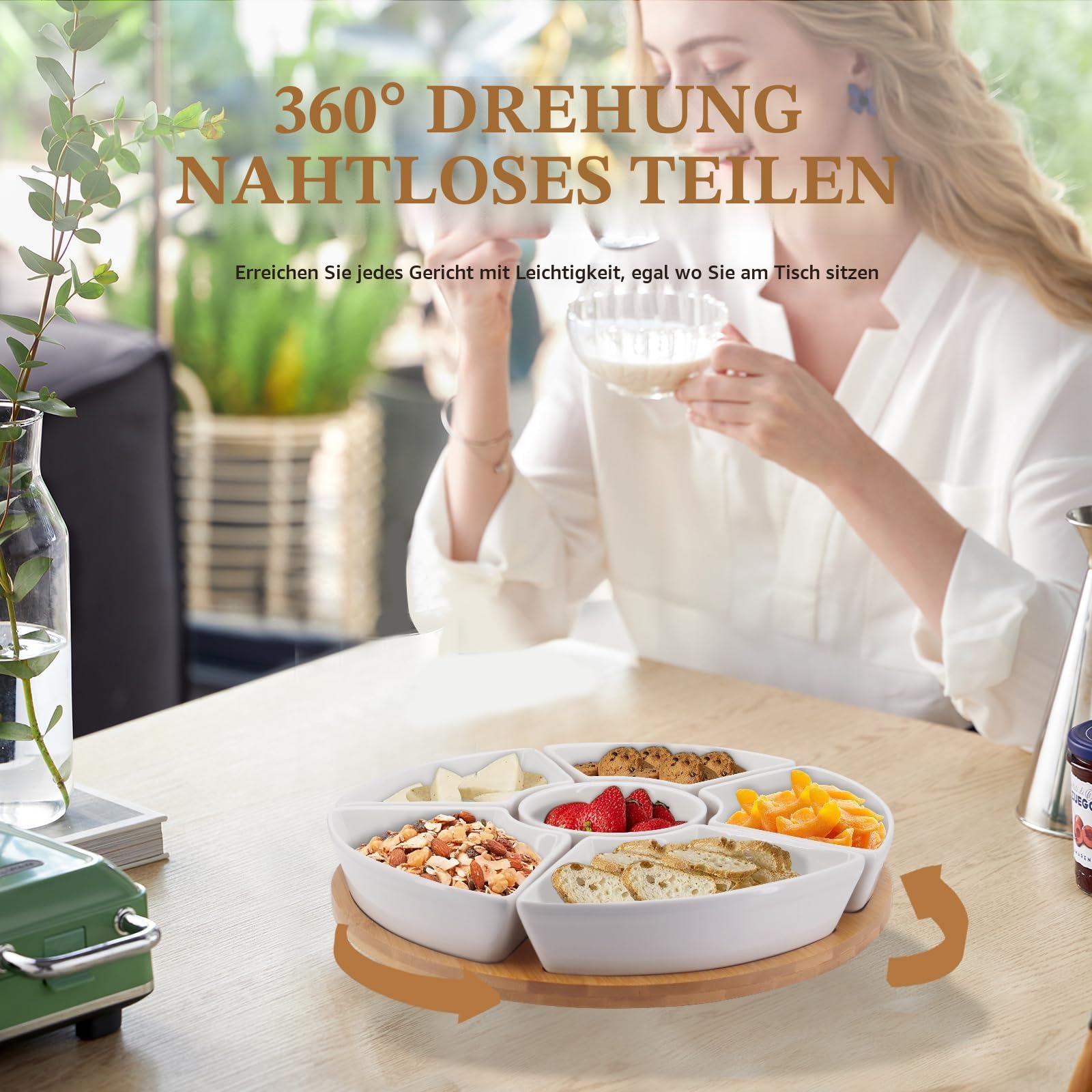 Drehbares Dip-Set,Lazy Susan Dip Set,Snackteller,Keramik Serviertablett mit Bambusplatte,geteilte Servierplatte mit 6 Schalen aus weißem Porzellan, für Vorspeisen, Obst,Süßigkeiten
