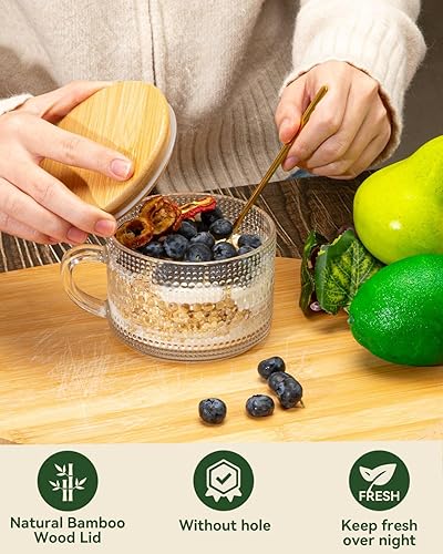 Miniatura 4 de Juego de 4 tazas de café de vidrio vintage, recipientes de avena con tapas y cucharas de bambú, tazas de té transparentes de 14 onzas para bebidas