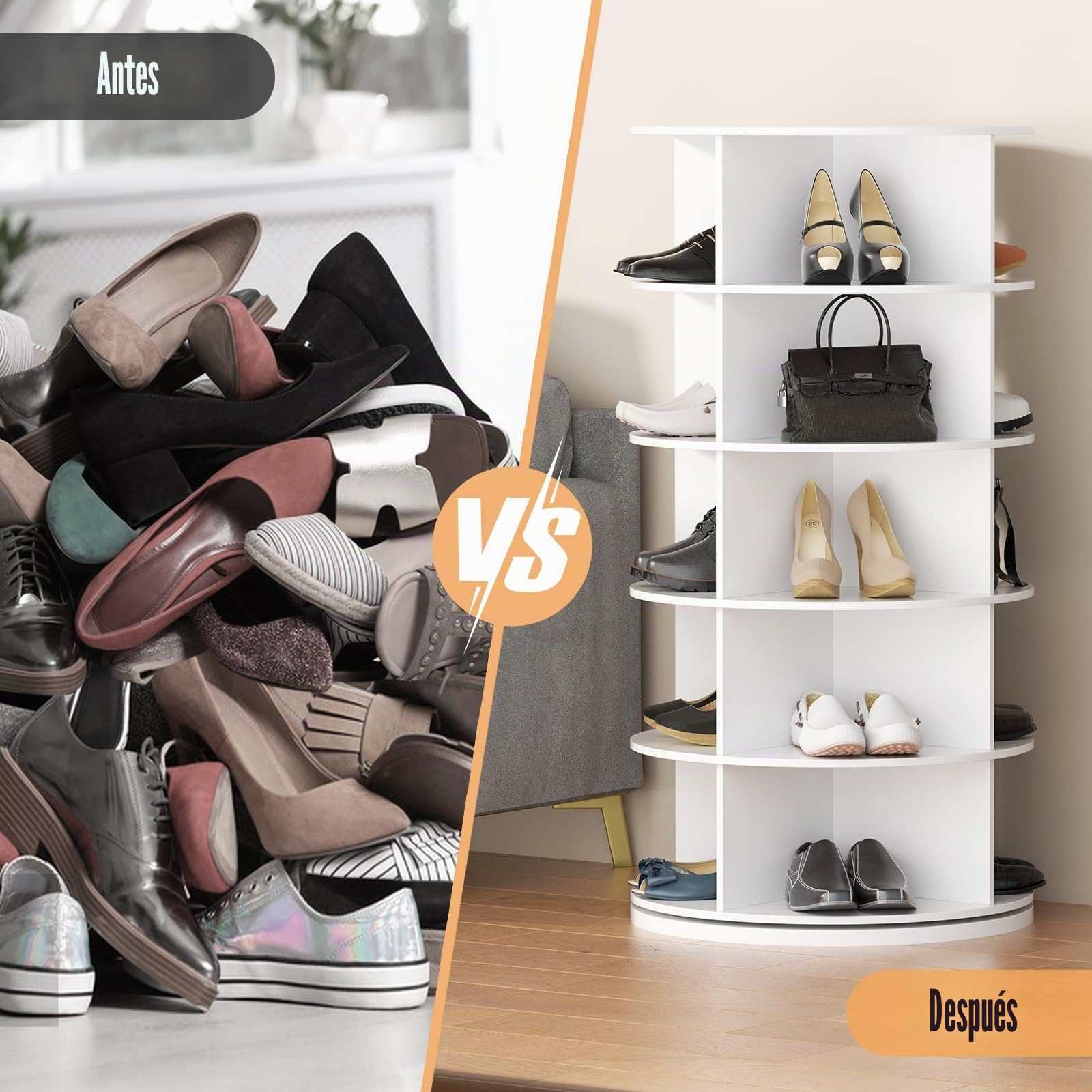 Zapatero Giratorio a 360 Grados, Organisateur de Zapatos Redondo con 6 Niveles, Torre de Zapatos Vertical Salvaspazio Blanco para 24 Pares de Zapatos y Bolsos, Armario Zapatero para Entrada