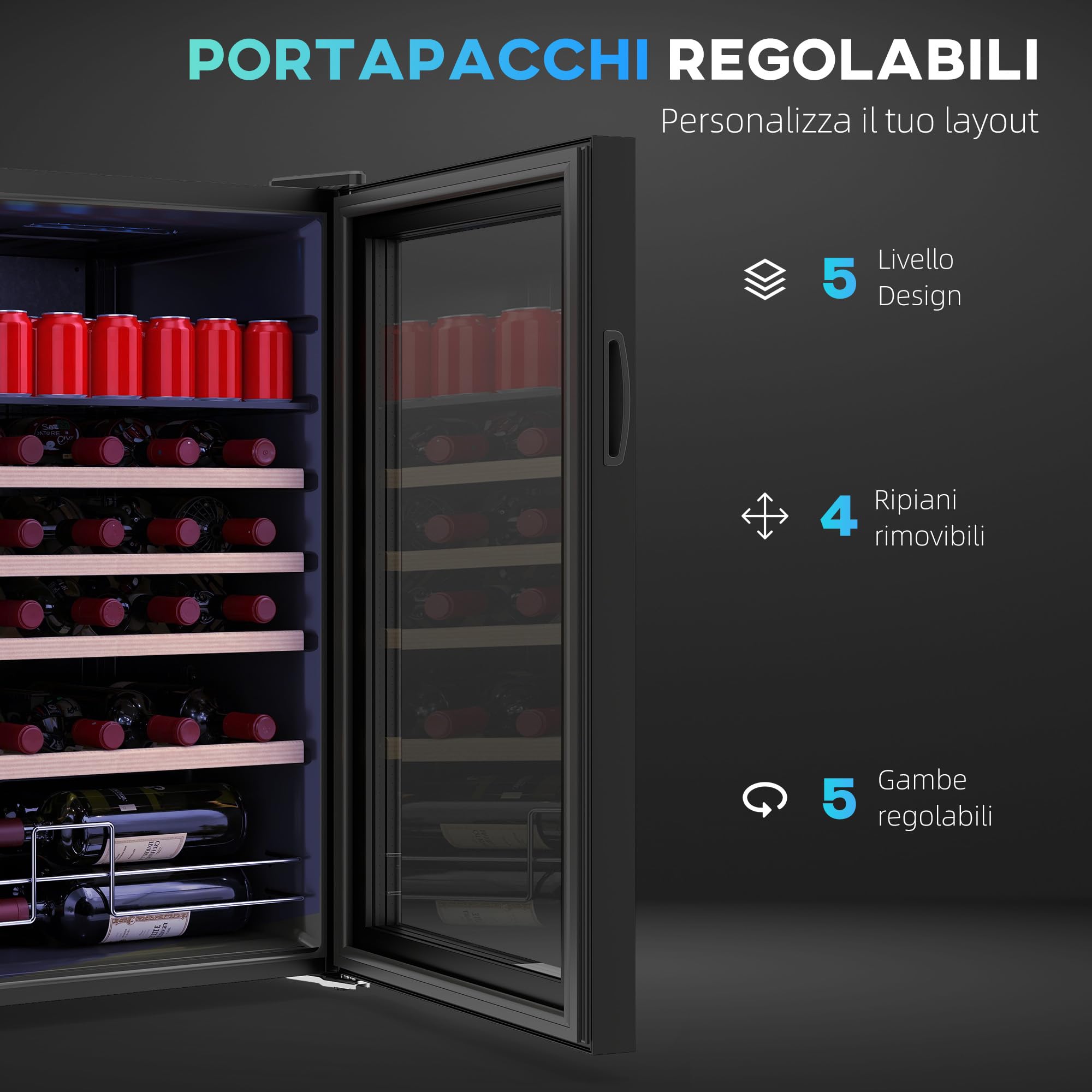 HOMCOM Cantinetta Vino Refrigerata 16 Bottiglie 63L Cantina Vino Silenziosa Temperatura Regolabile 5-18℃ Frigo Vino Bar con Vetro Anti UV, Ripiani, Compressore, Display Touch, Luci LED, Classe G