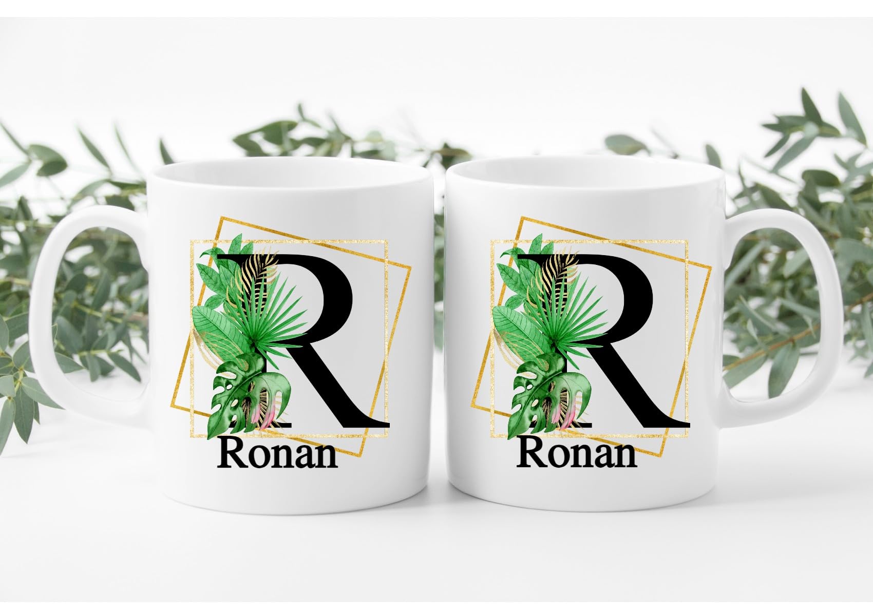 Personalised Tea Coffee Cup Mug Name Initial Palm Houseplants Gold Gift Idea