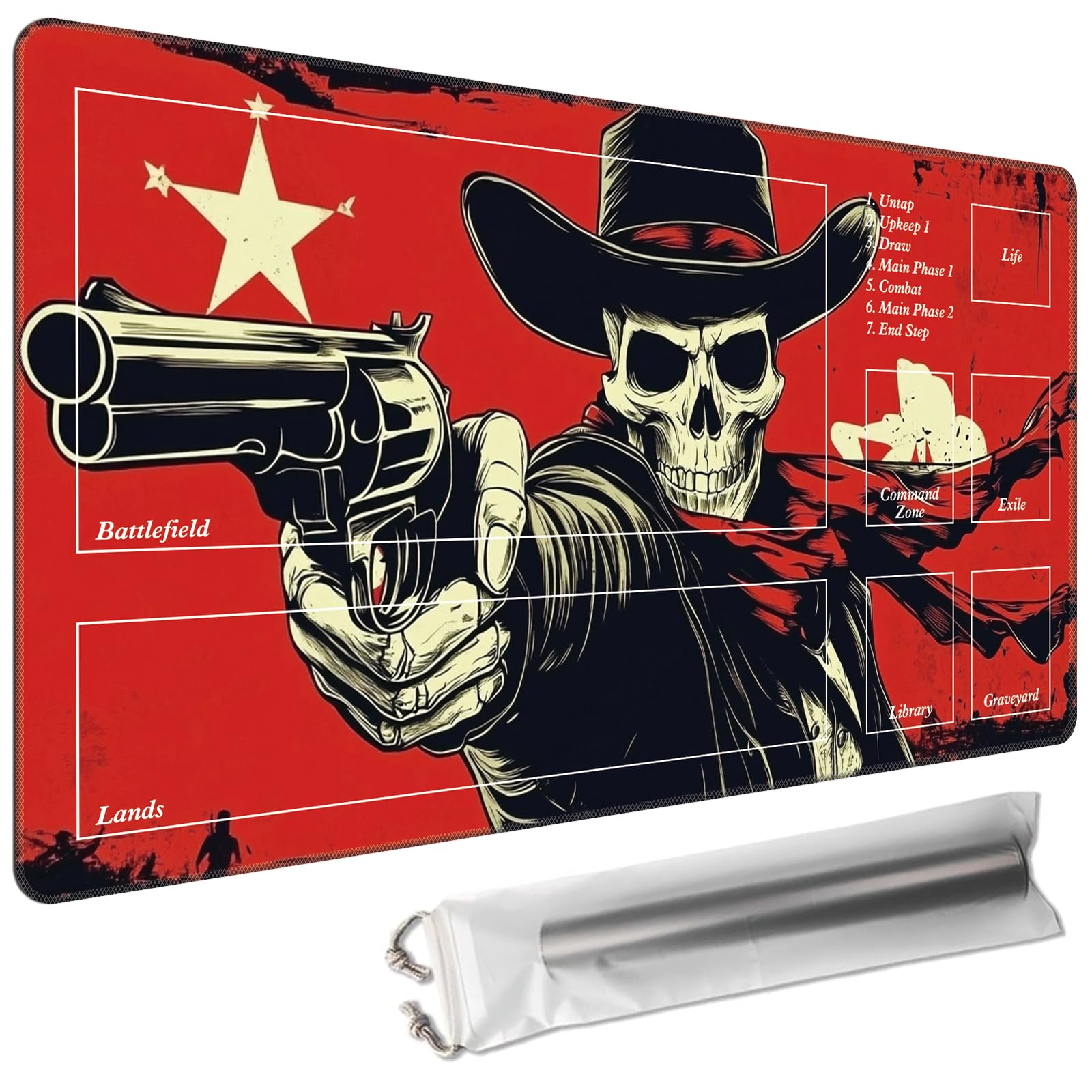 Cdkfxjy MTG Playmat with Magic Zone 27.5 x 15.7in Includes Storage Bag,TCG Playmat with Soft Surface Premium Non-Slip Rubber Backing Stitched Edges Durable Gaming Mat,Cowboy Skeleton