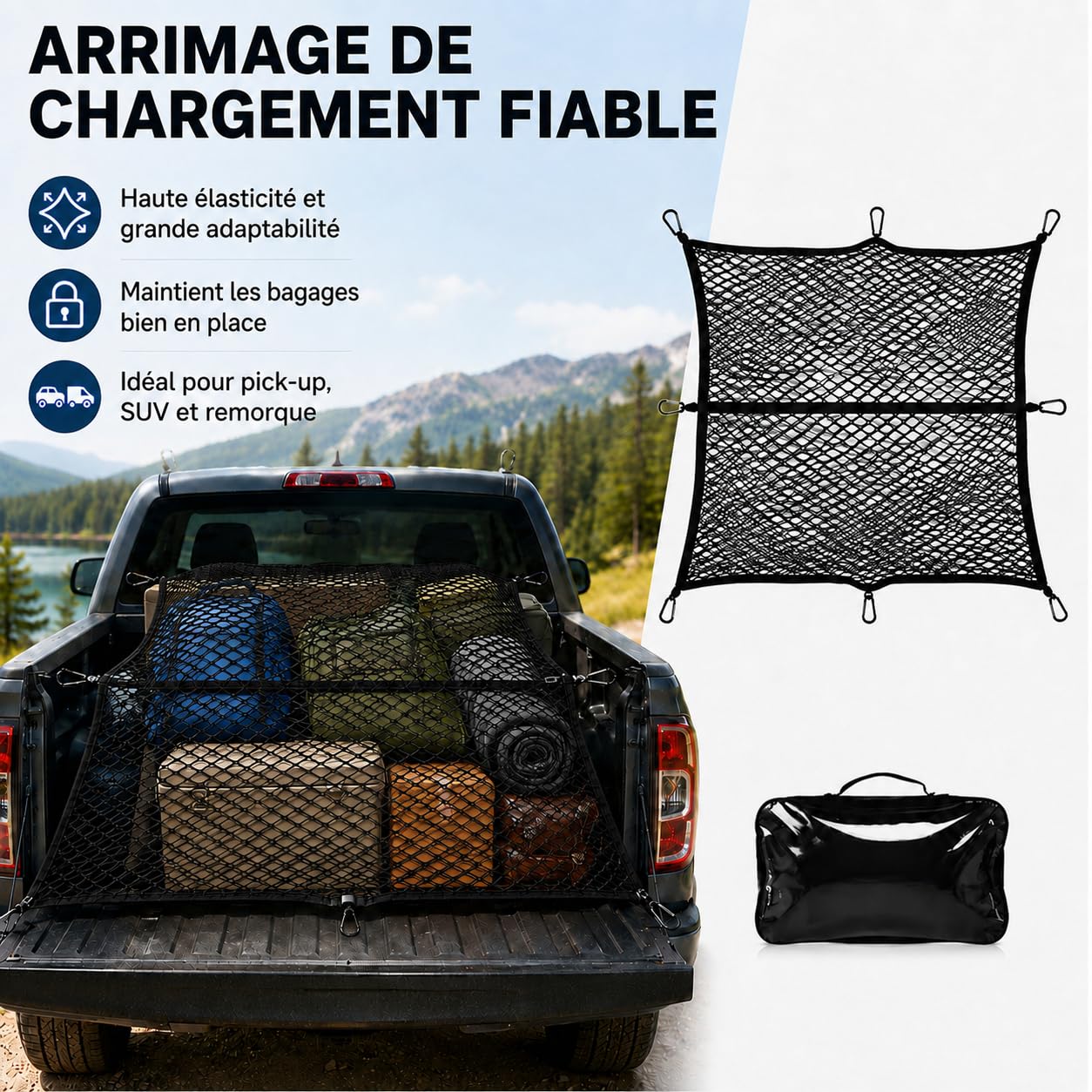 Filet de Chargement pour Pick-up et SUV, Noir, Double Couche avec 8 mousquetons métalliques, pour Quad, remorque et Bateau, 120 × 120 cm, Extensible Jusqu’à 210 × 210 cm