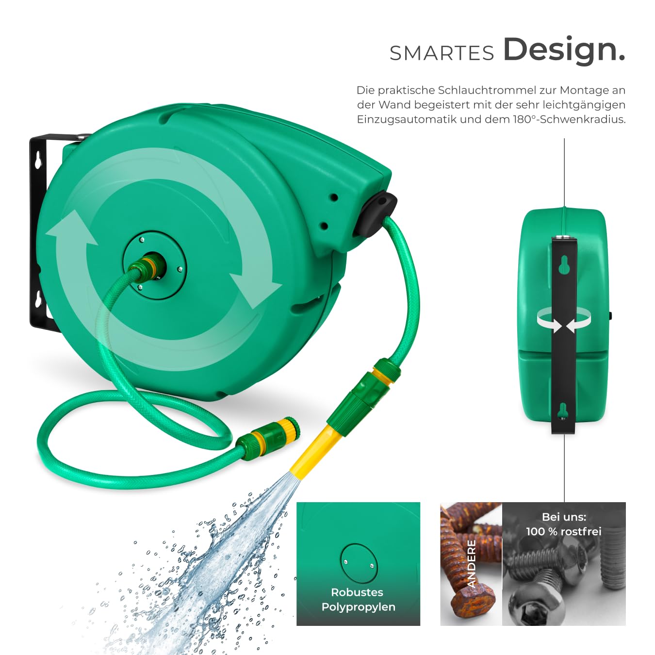 tectake® Schlauchtrommel Wandmontage, Gartenschlauch 1/2 Zoll, Wasserschlauch Aufroller, Schlauch Trommel mit Einzugsautomatik, Schlauchrolle, Wasserschlauchtrommel, Sprühschlauch, Hose Reel - 20m