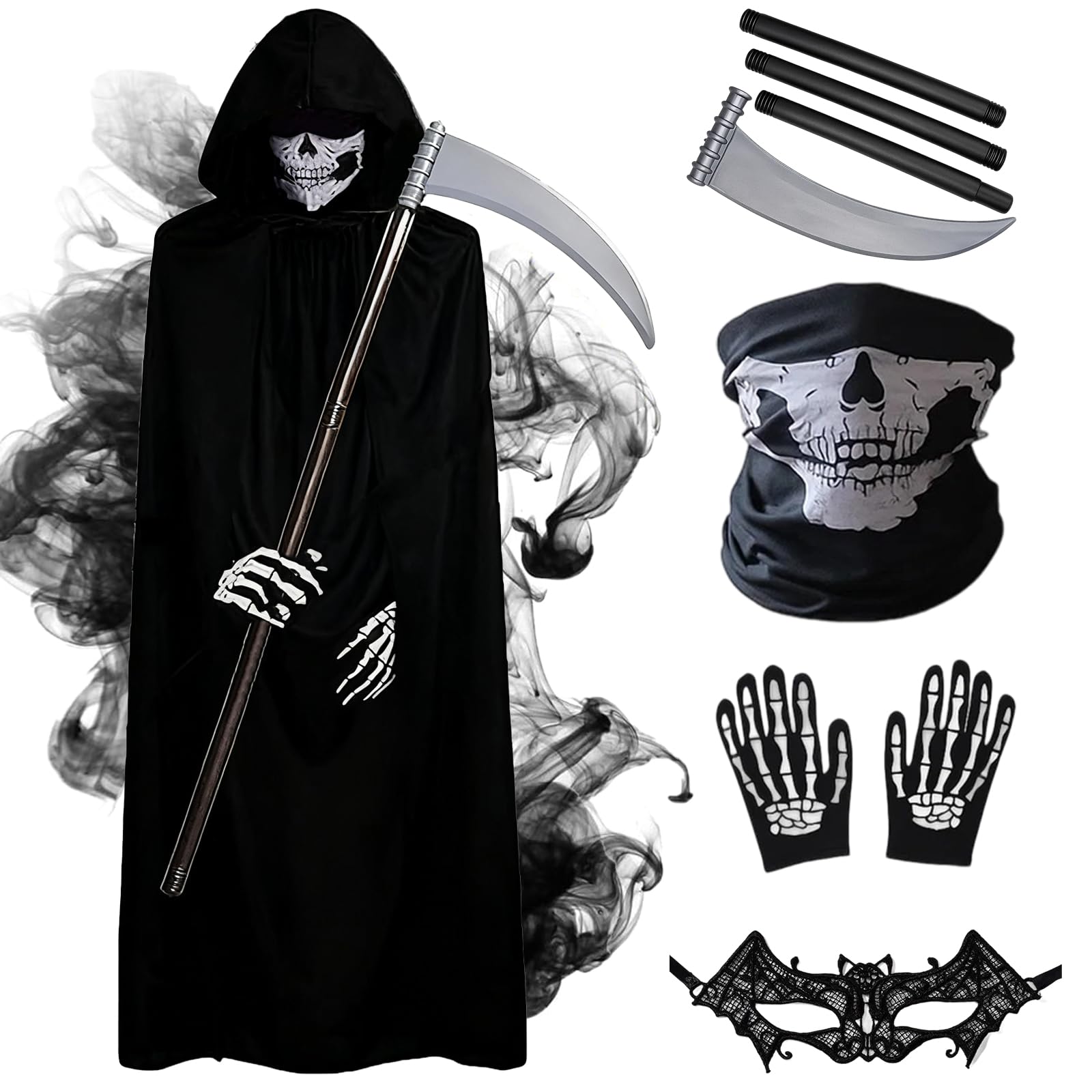 5 Pcs Grim Reaper Costume, Halloween Costume Set including Black Cloak, Skeleton Mask, Gloves, Scythe and Lace Eye Mask