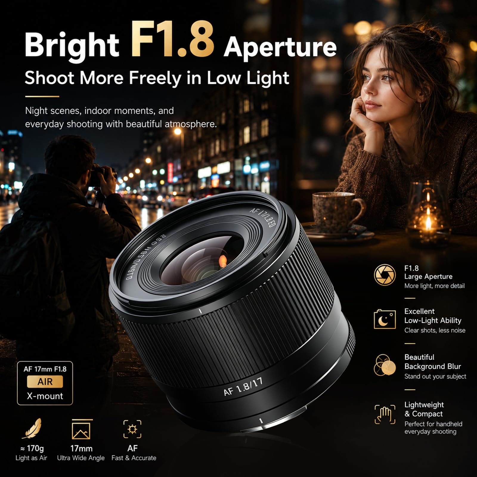 TTARTISAN 17mm F1.8 Automático Objetivos Montura XF para Fuji Objetivos Gran Angular Gran Apertura para Cámaras APS-C Lens Compactos Diafragma 6 Láminas Ideales para Fuji X-H1 X-H2 X-H2s X-T1 X-T2