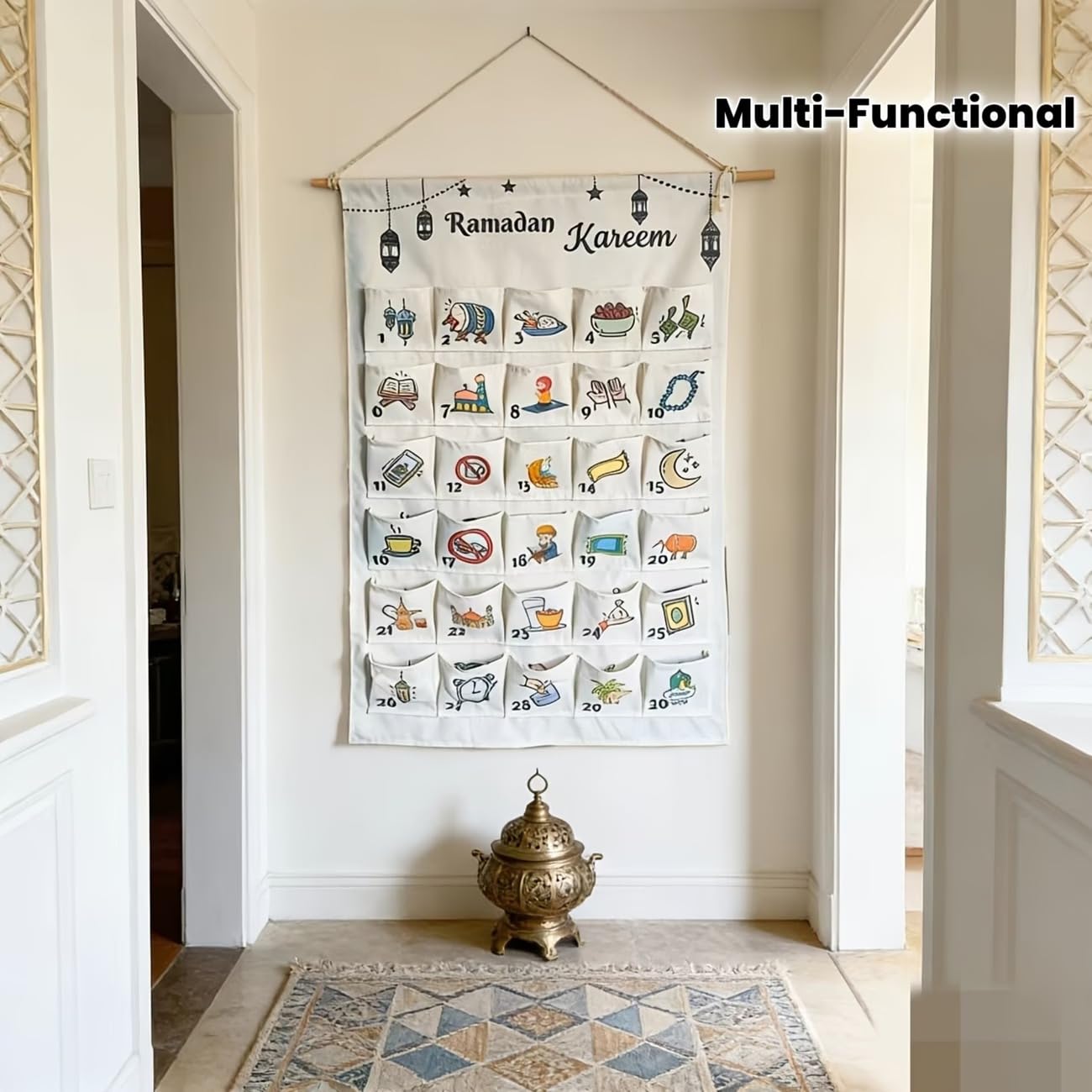 Leinwand Wand-Organizer für Ramadan | Eid Mubarak Countdown Kalender & Tägliche Überraschungen | Multifunktionaler Ramadan Adventskalender