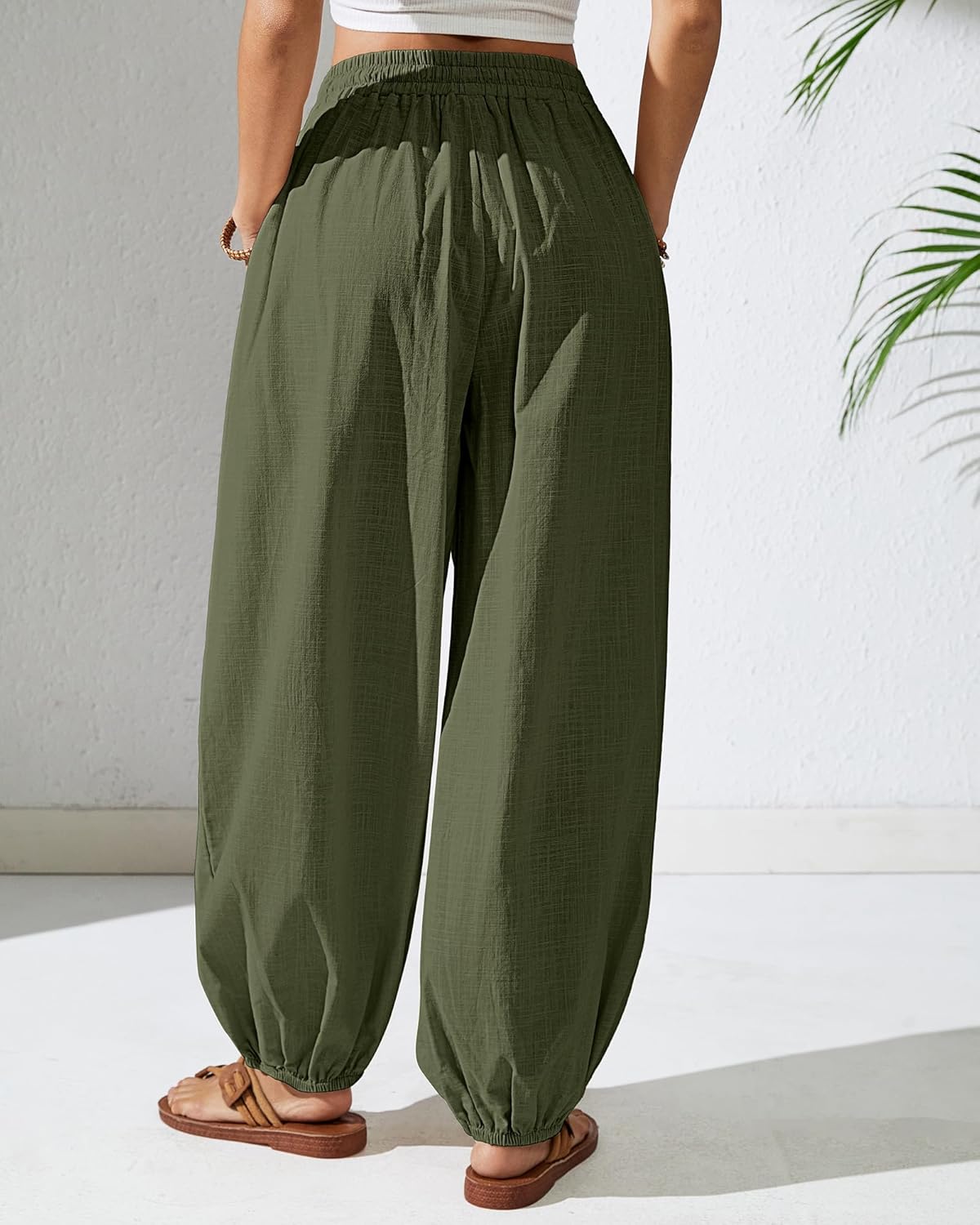 Bsubseach Womens Cotton Harem Pants Elastic Waist Baggy Pant Drawstring Balloon Trouser Loose Beach Pants with Pockets - Image 4