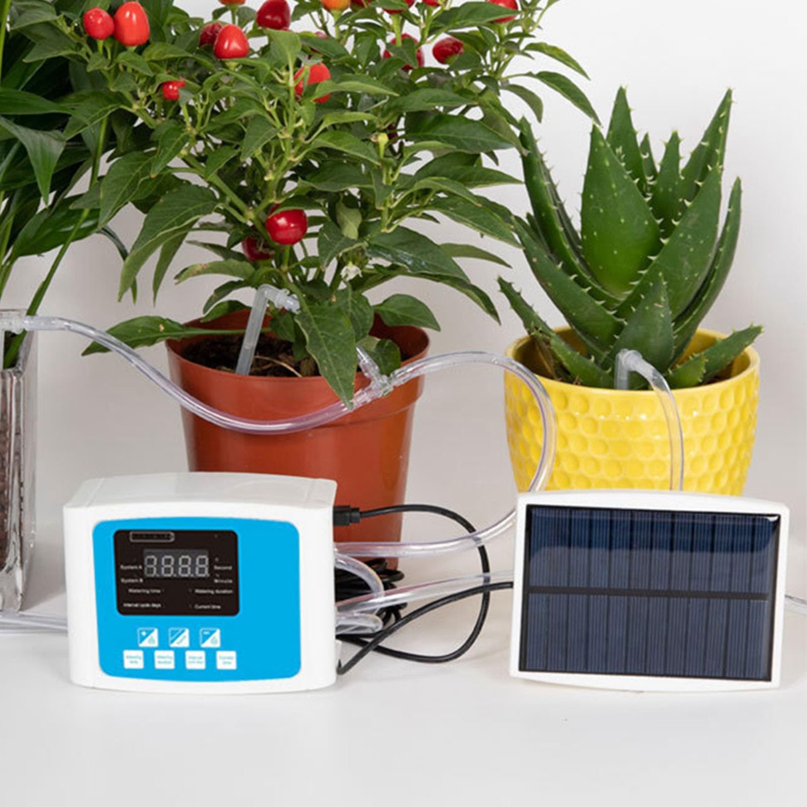 di Irrigazione Automatico Ad Energia Solare per Piante da Interno Ed Esterno Comando Vocale Pompa Singola/doppia Kit Fai da Te per Patio Fiorito in Serra, Funzionamento Tramite USB, Colore
