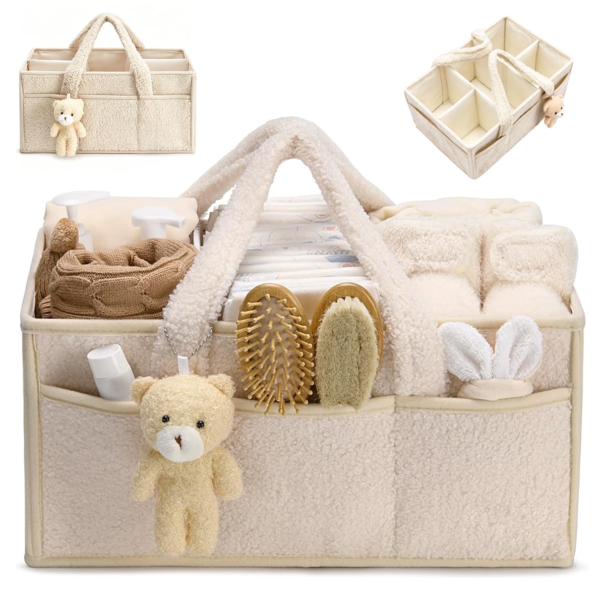 Organizer per Pannolini, Borsa Porta Pannolini Organizer con Scomparti Rimovibili, Portatile Cestino Portaoggetti per Pannolini, Sacchetto per Salviette, Neonati (Beige)