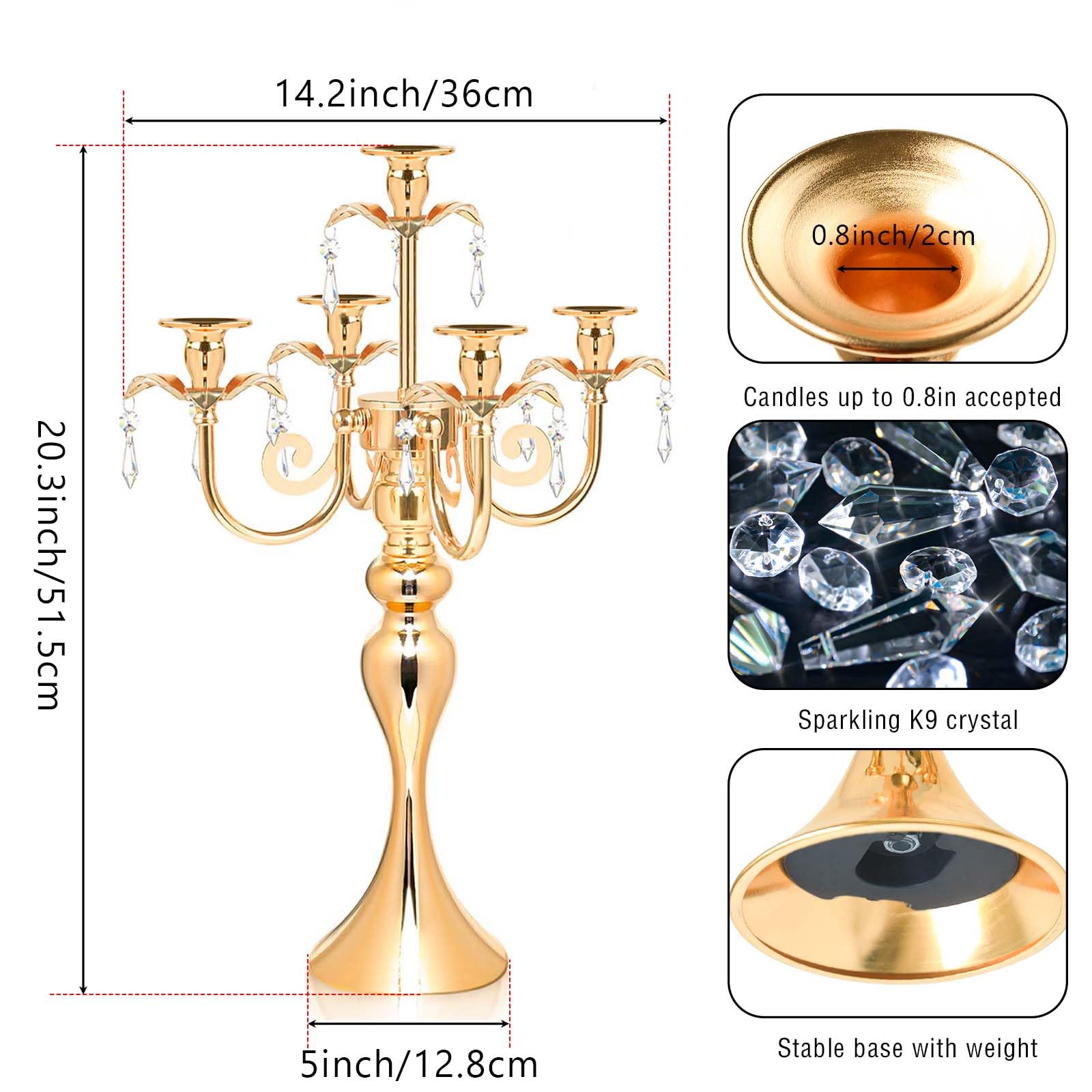 51 cm hoher 5-Armiger Kerzenleuchter für Tisch, eleganter Kerzenhalter aus Metall, Retro-Kerzenständer, Tischdekoration für Party, Events, Zuhause, Hochzeitsdekoration (4, Gold)