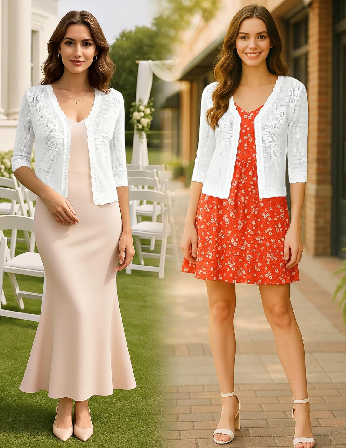 Kate Kasin Women's Cropped Cardigan Sweaters Trendy Lightweight 3/4 Sleeve Button Down Crochet Textured Shrugs Top - Image 4