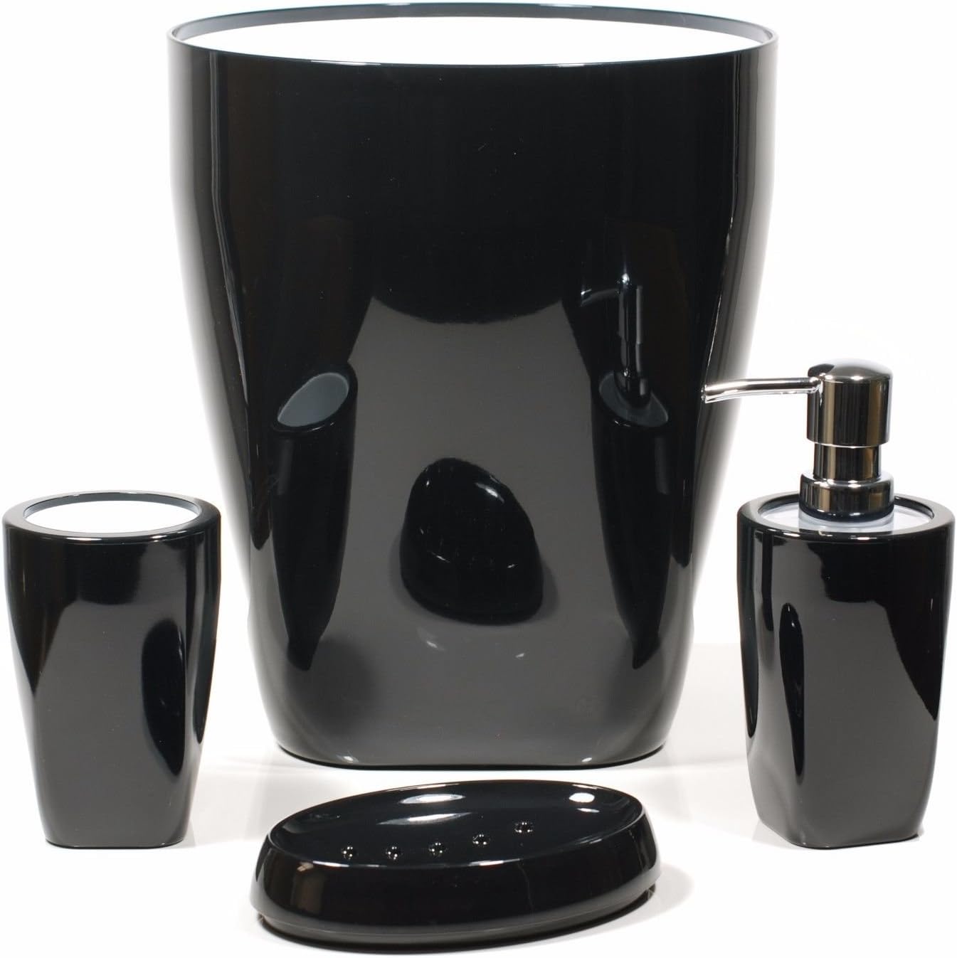 4 pc Modern White/Black Acrylic Plastic Bathroom Accessory Set - Lotion Dispenser, Soap Dish, Tumbler, Trash Can - BTMO-WH/BK
