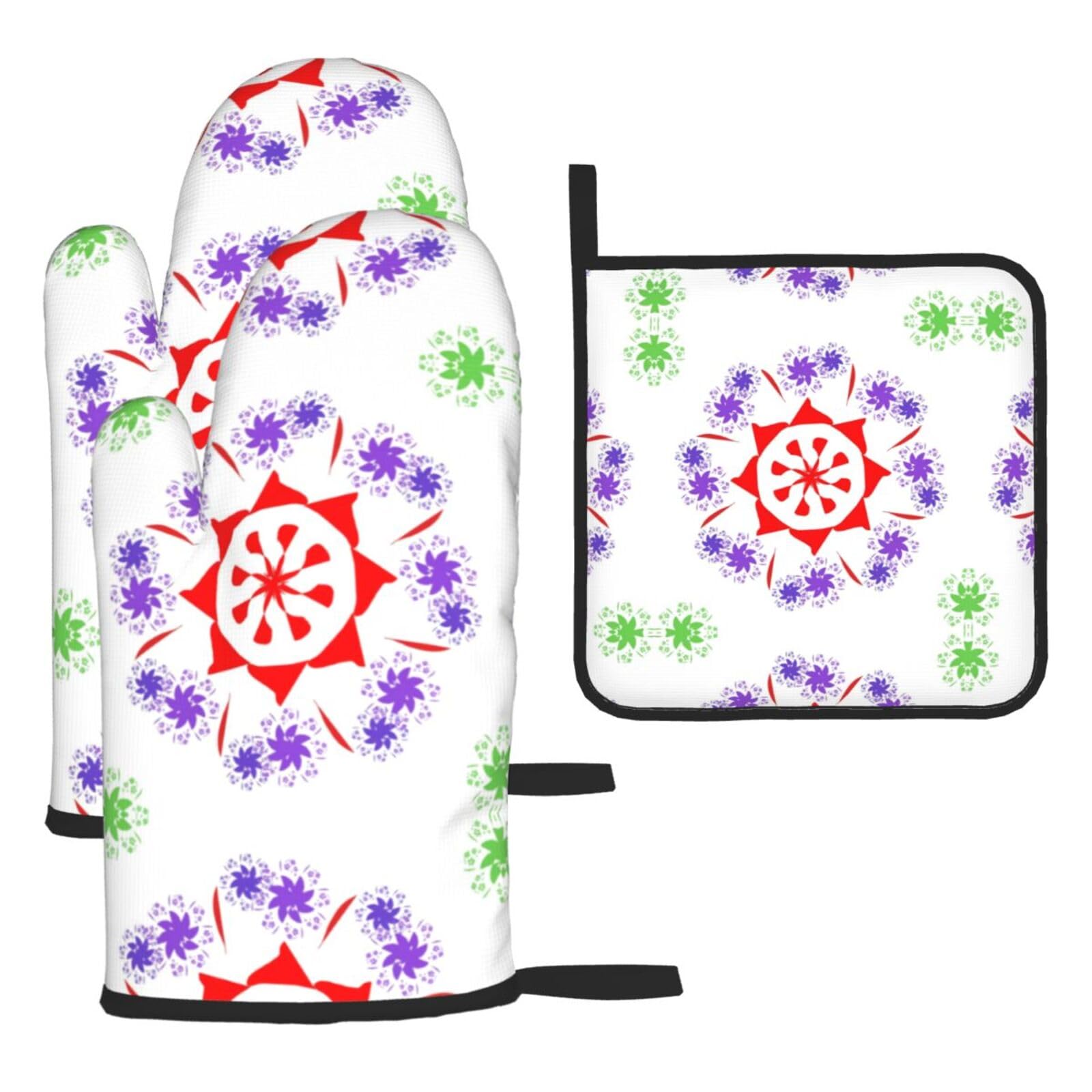 Rotating purple flowers Oven mittens and oven mitts three-piece set suitable for oven, grilling, baking, microwave and home cooking.