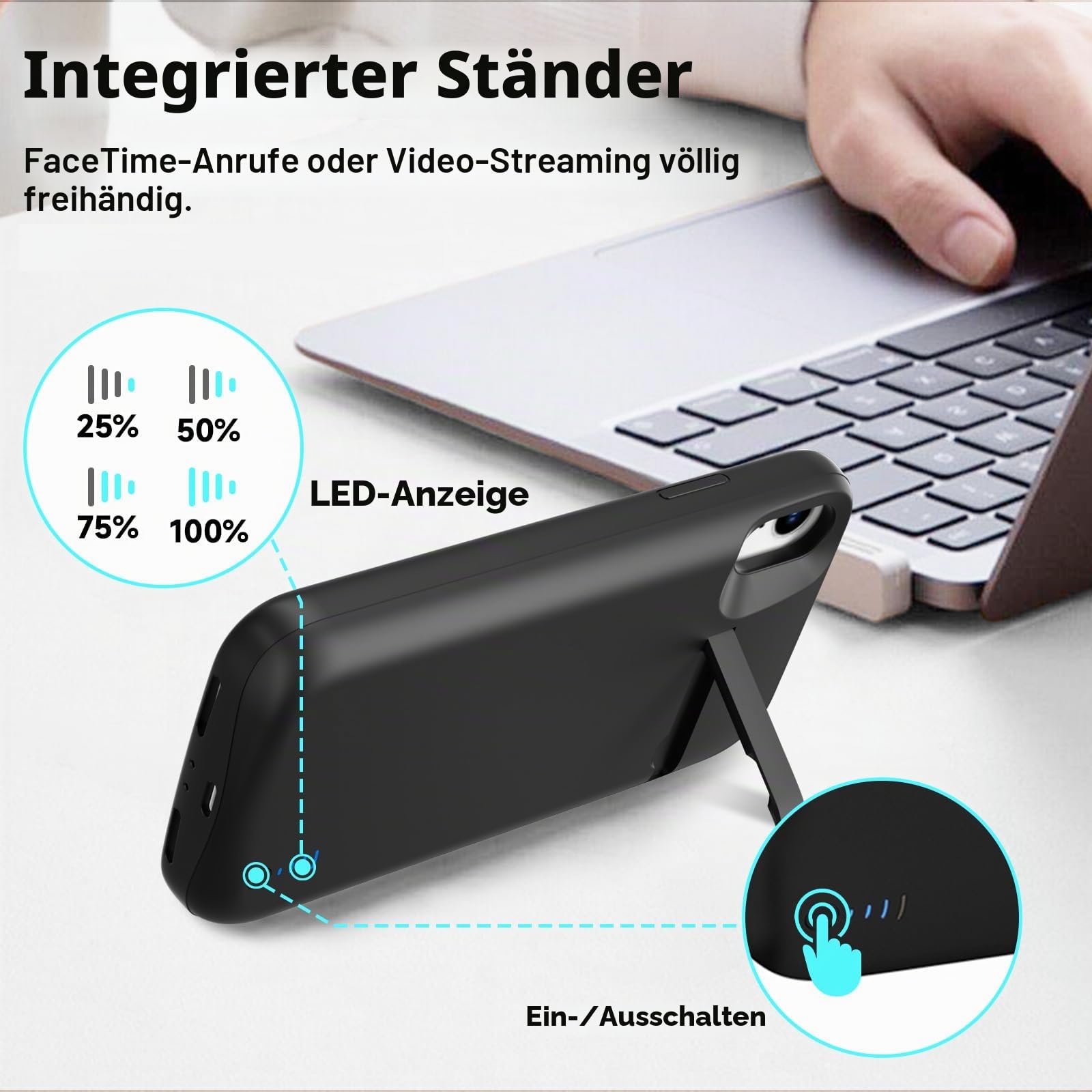 Akkuhülle für iPhone XR, 8500mAh schlanke wiederaufladbare Hülle mit erweiterter Ladefunktion Powerbank mit Standfuß, tragbare Schutzhülle mit Akku für iPhone XR, 6,1 Zoll – Schwarz