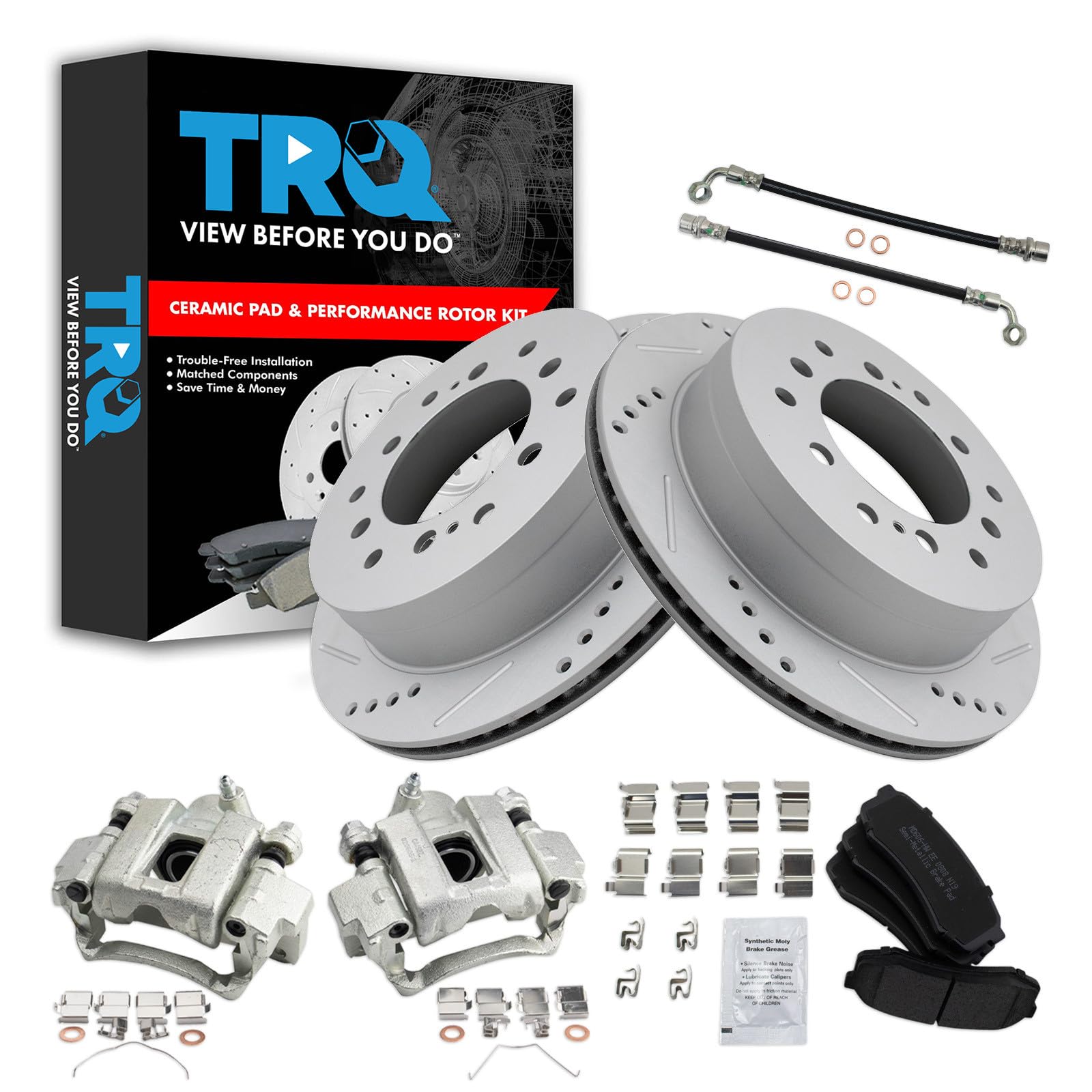 TRQ Performance Rear Brake Pad and Rotor Set Semi Metallic Slotted Drilled Calipers Compatible with 2003-2009 Lexus GX470