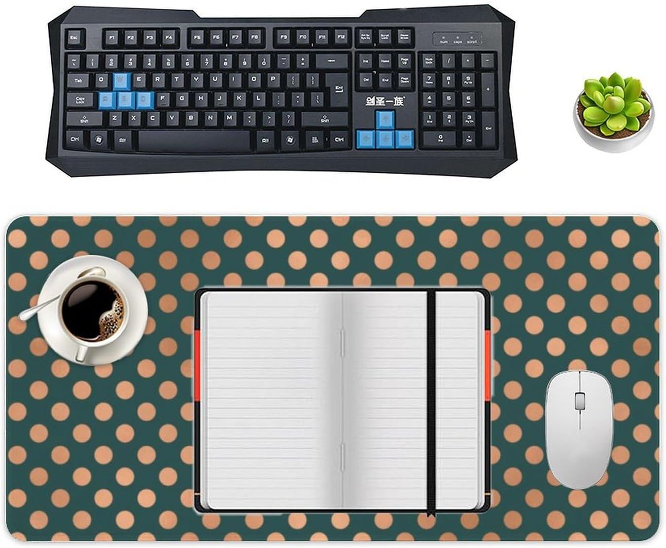 Desk Mat Large Mouse Pads, Polka Dots Rose Gold Blush Teal Green Desk Pad with Stitched Edges Writing Mat for Computer Laptop, Office Desktop & Gamer Keyboard 12 x 24inch