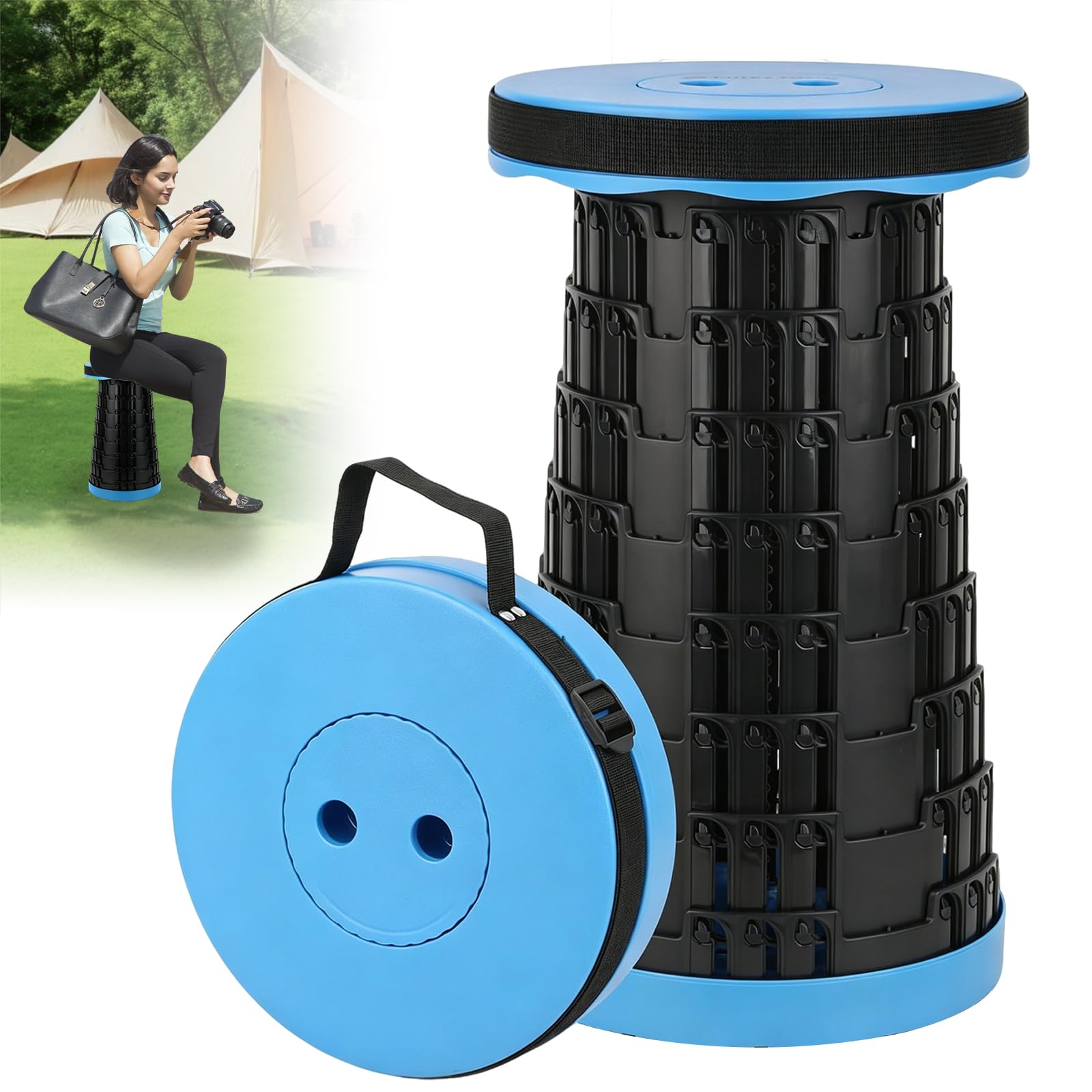 VidFair Portable Folding Stool,Heavy Foldable Chair 46cm Adjustable Height with Max Load 440lb Telescopic Portable Men and Women for Travel Camping Fishing BBQ Home Use(Blue-Black)