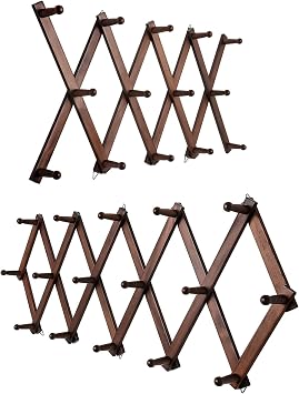 SCUNDA Expandable Wall Hanger, Wooden Accordion Coat Rack for Hat, Coat, Mug14 Hooks + 16 Hooks