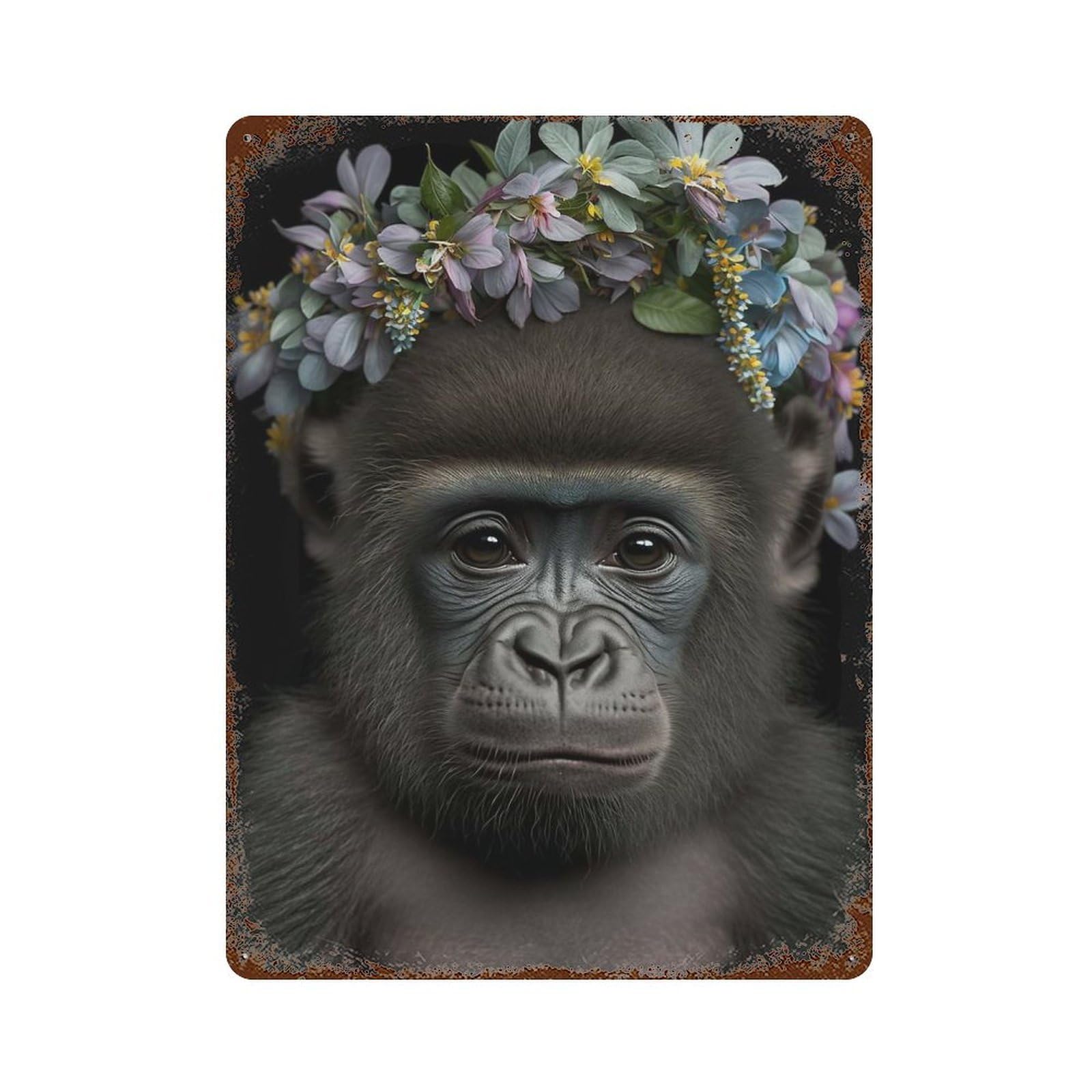 Retro Metal Sign with Cute Baby Fluffy Gorilla Design 15.7"x11.8", for Living Room, Hallway And Home Decor, Vintage Wall Decor