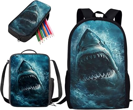 Sea Shark Print Backpack Sets for School, 3 in 1 Backpack Set with Lunch Box and Pencil Pouch for Primary Middle, Lightweight Schoolbag with Padded Strap