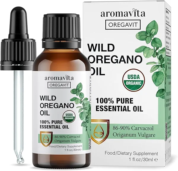 AROMAVITA Wild Oregano Oil Organic - 100% Pure Undiluted Organic Wild Oregano Oil with 86-90% Carvacrol, Immune Support - Plant-Based, Herbal Supplement - Vegan, Non GMO, Gluten Free, 1fl.oz/30ml