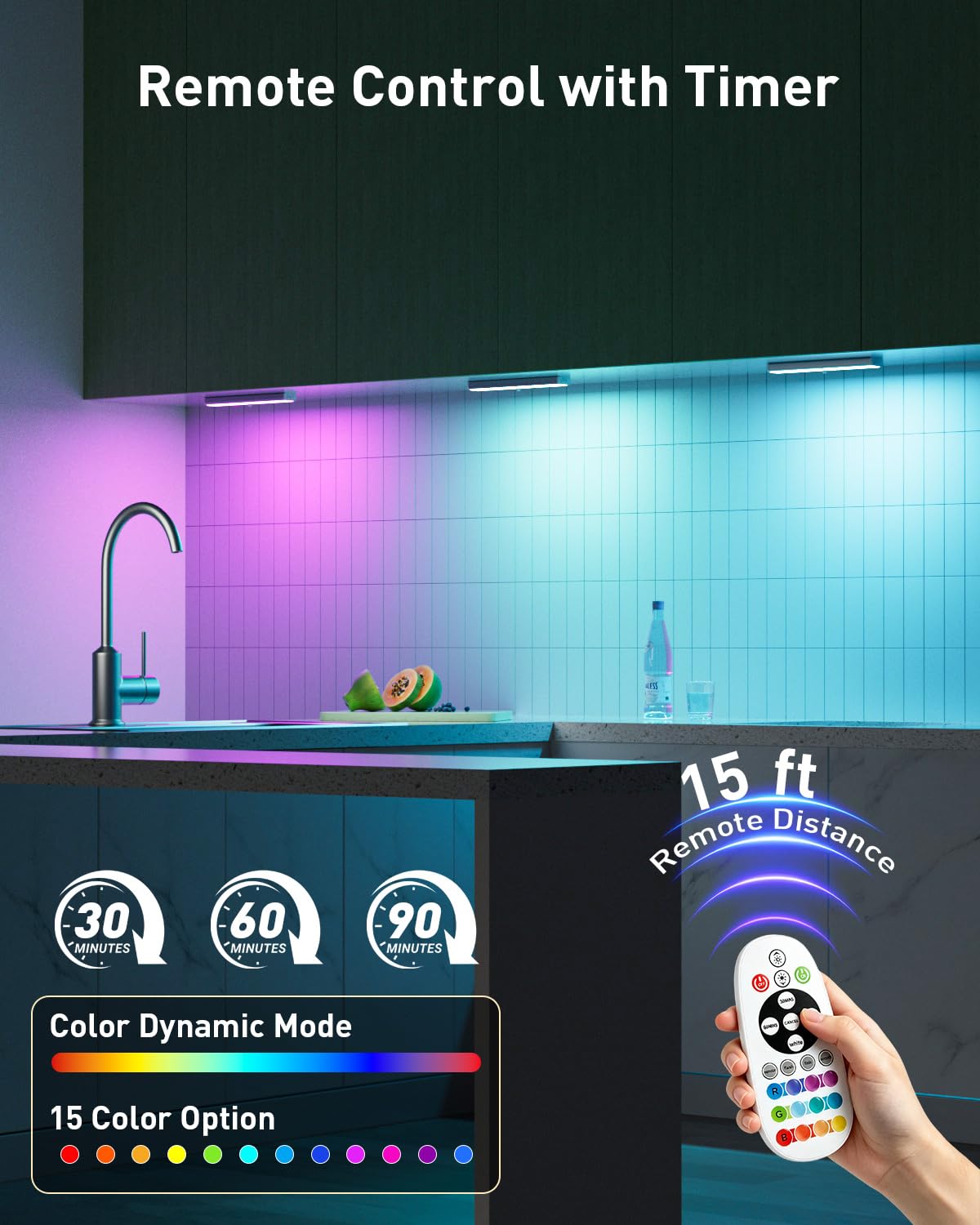 Luci da incasso senza fili, 58 LED ricaricabili con sensore di movimento e telecomando, luci RGB che cambiano colore sotto il bancone per cucina, dispensa, camera da letto, scale, confezione