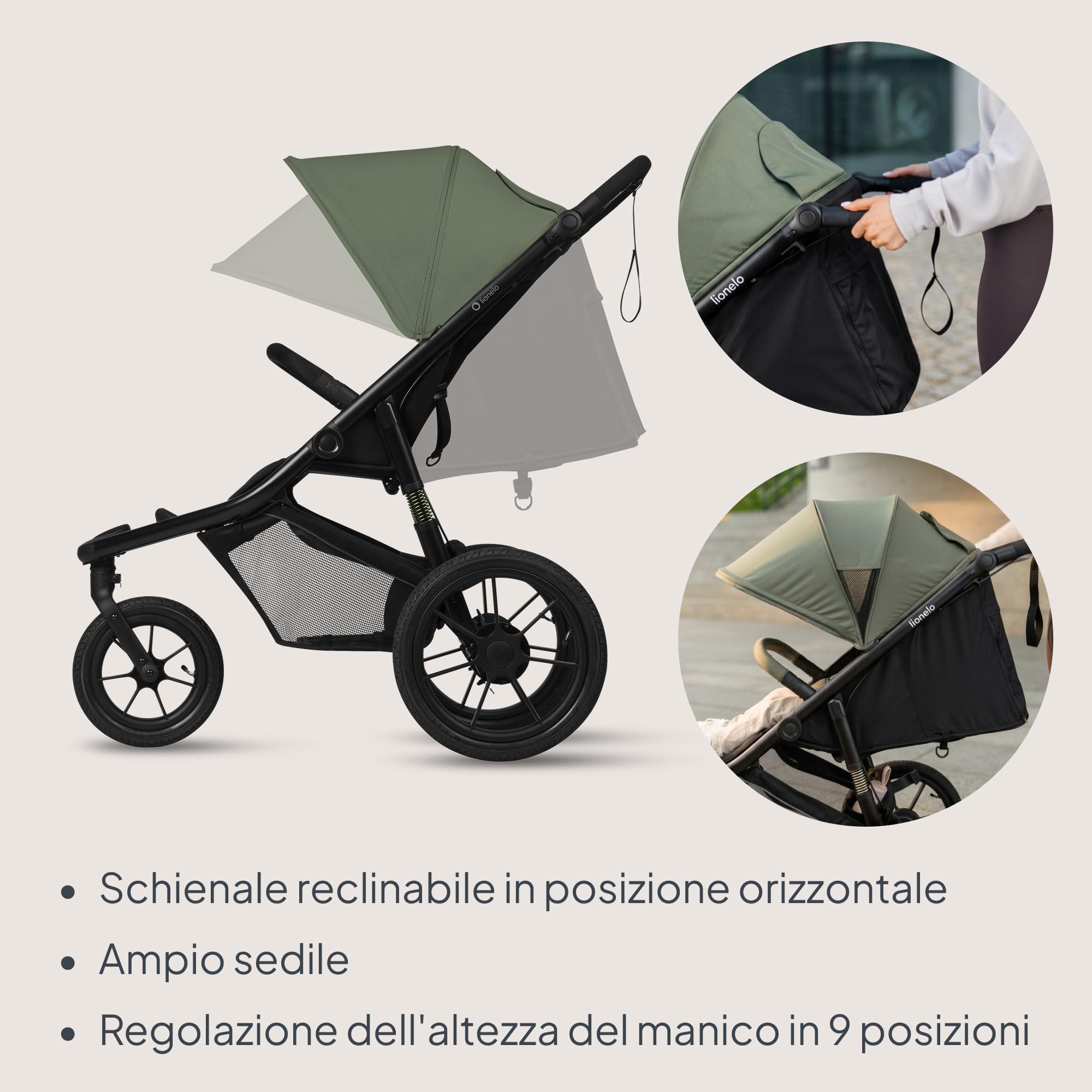 LIONELO AZURA Passeggino compatto da 6 mesi a 22 kg Passeggino a Tre Ruote, Schienale Regolabile Completamente Reclinabile Grandi Ruote Gonfiabili Sospensione Completa Cappottina XXL