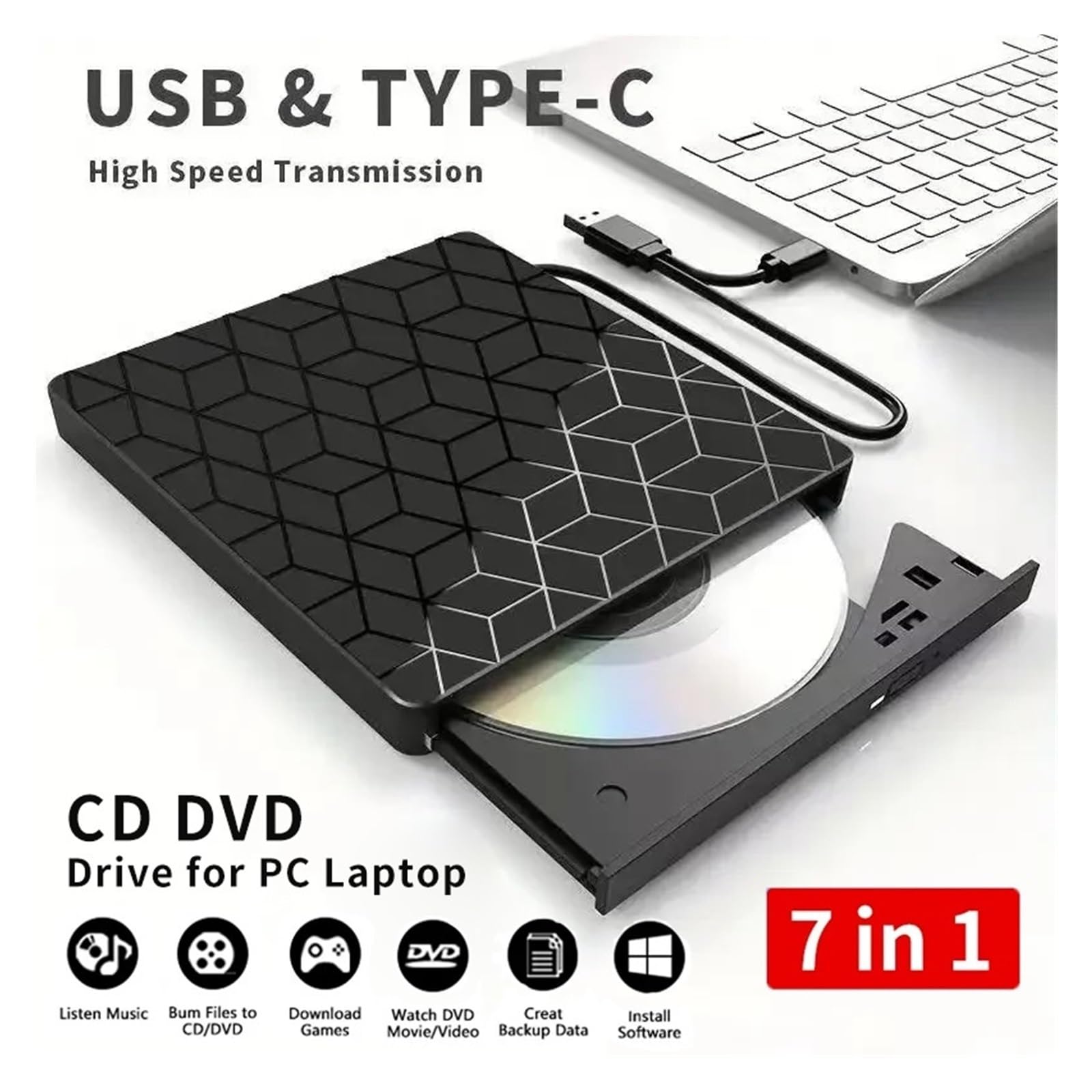 7 W 1 Zewnętrzna Nagrywarka DVD, Napęd Optyczny USB 3.0 Typu C, Nagrywarka CD DVD, Przenośny Czytnik Do Laptopa, Komputera Stacjonarnego, Notebooka